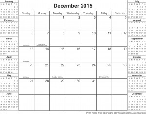 December 2015 calendar with holidays