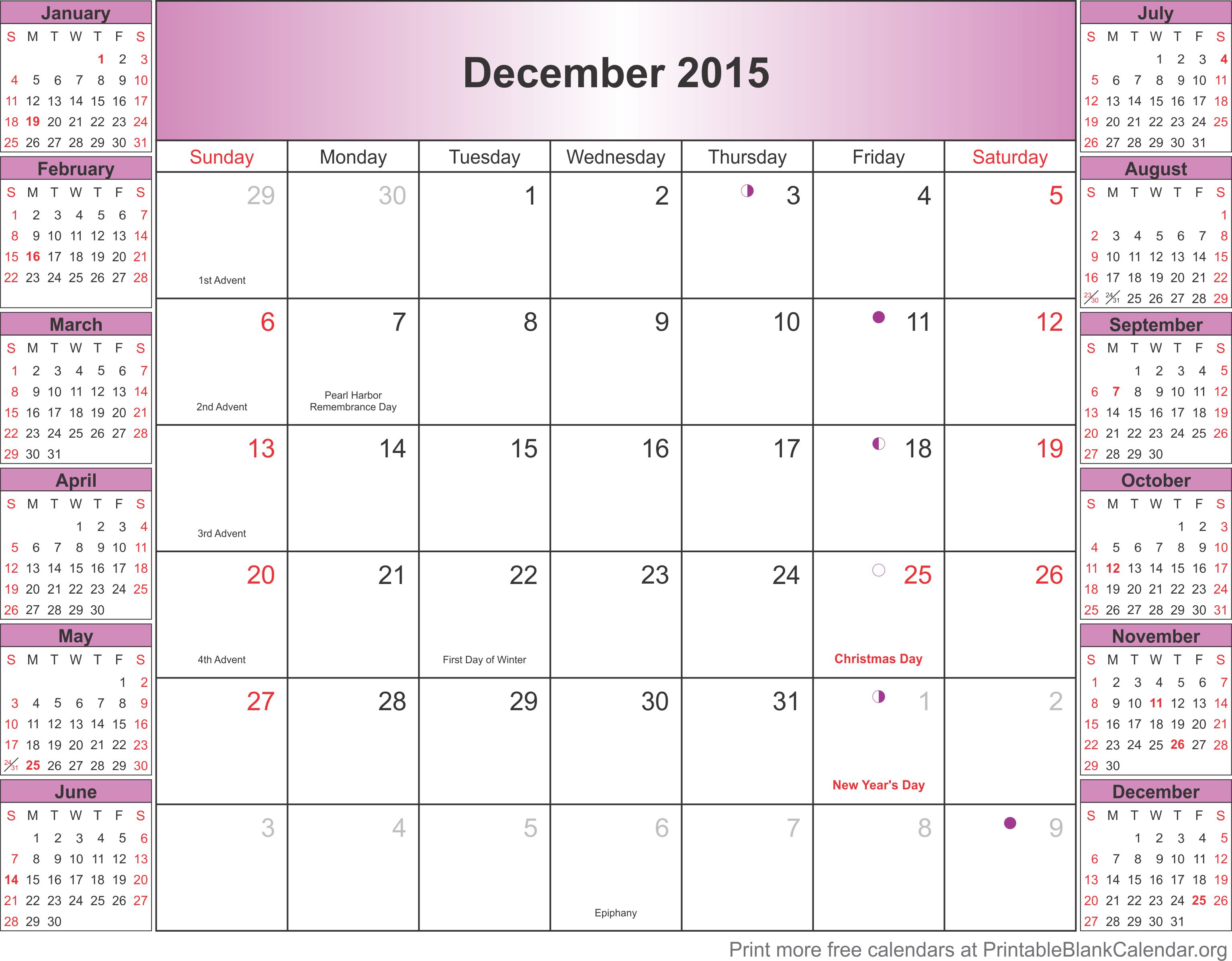 December 2015 montlhy calendar Calendarios Para Imprimir