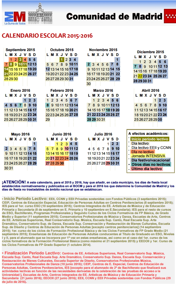 Calendario escolar 2015-2016 Madrid Espana