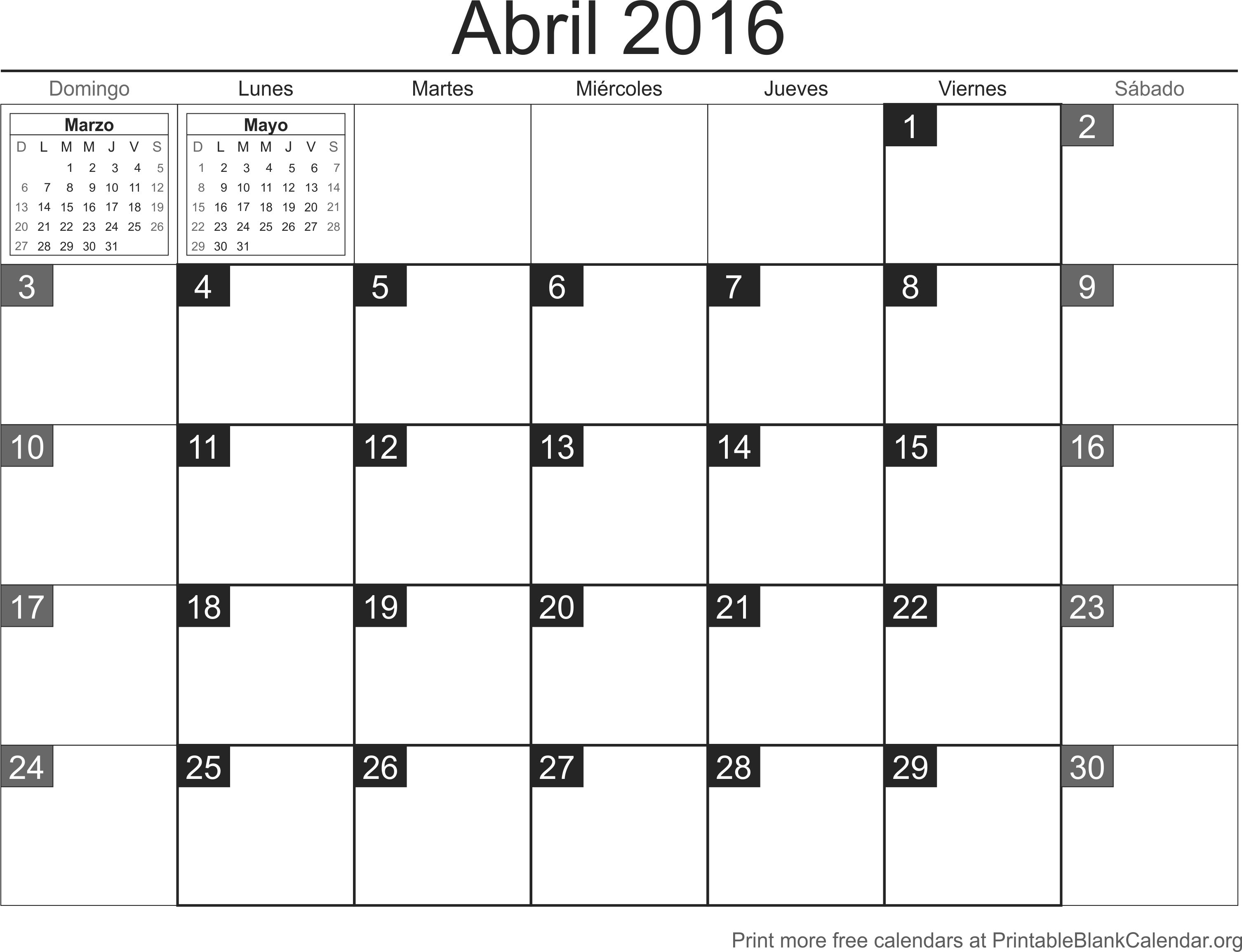 Calendario para imprimir Abril 2016