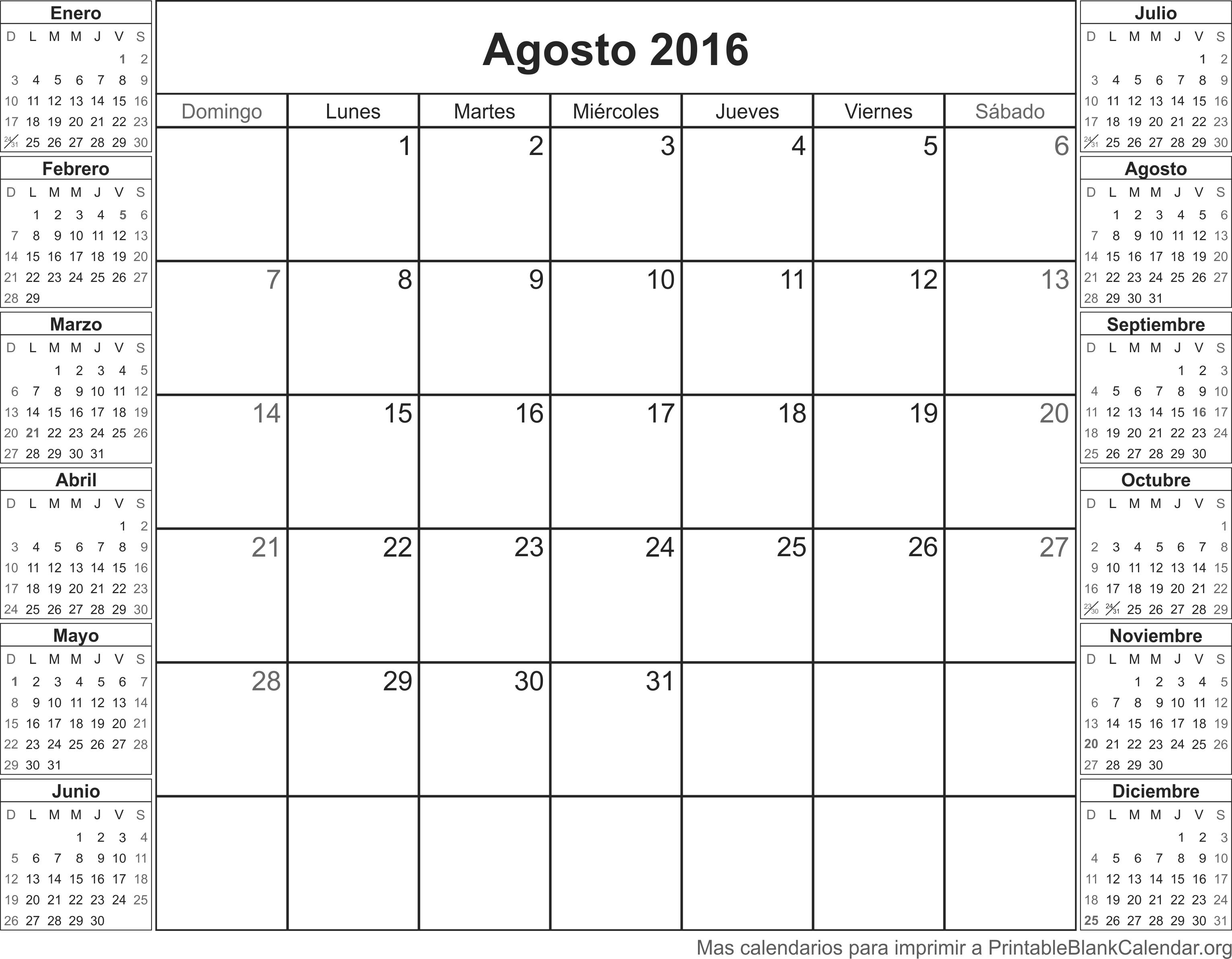 Imprimir Calendario Agosto 2016 Calendarios Para Imprimir