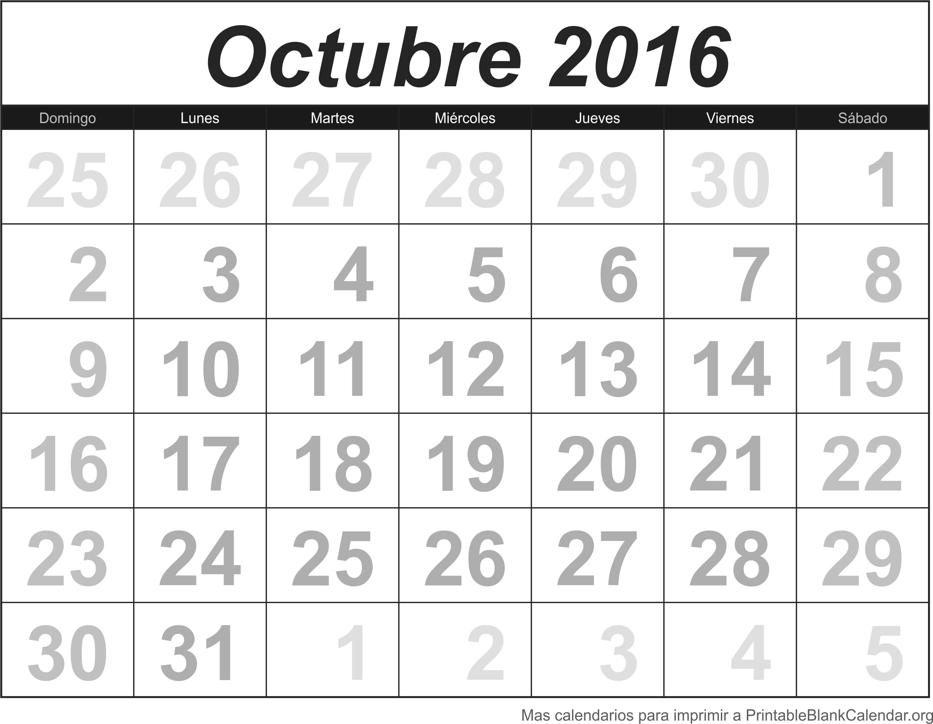Calendario Oct 2016 para imprimir