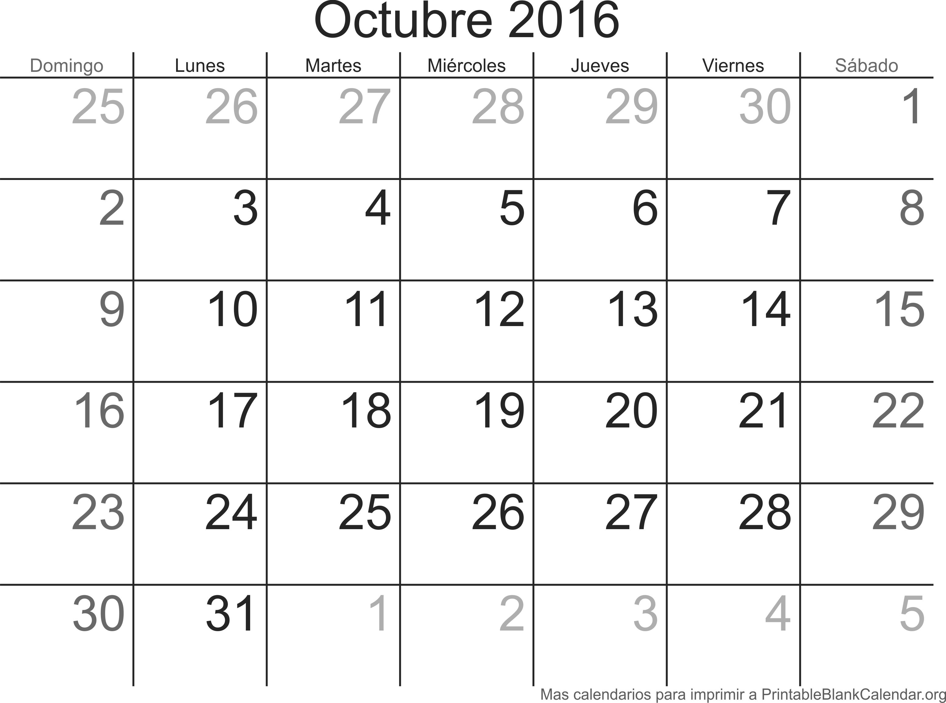 oct 2016 calendario