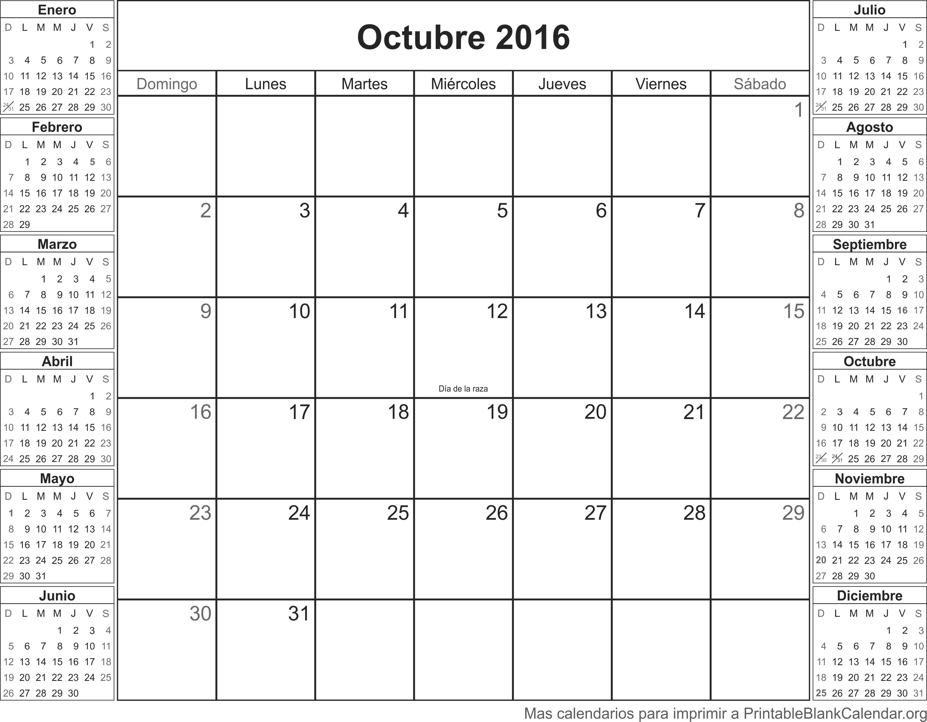 octubre 2016 calendario