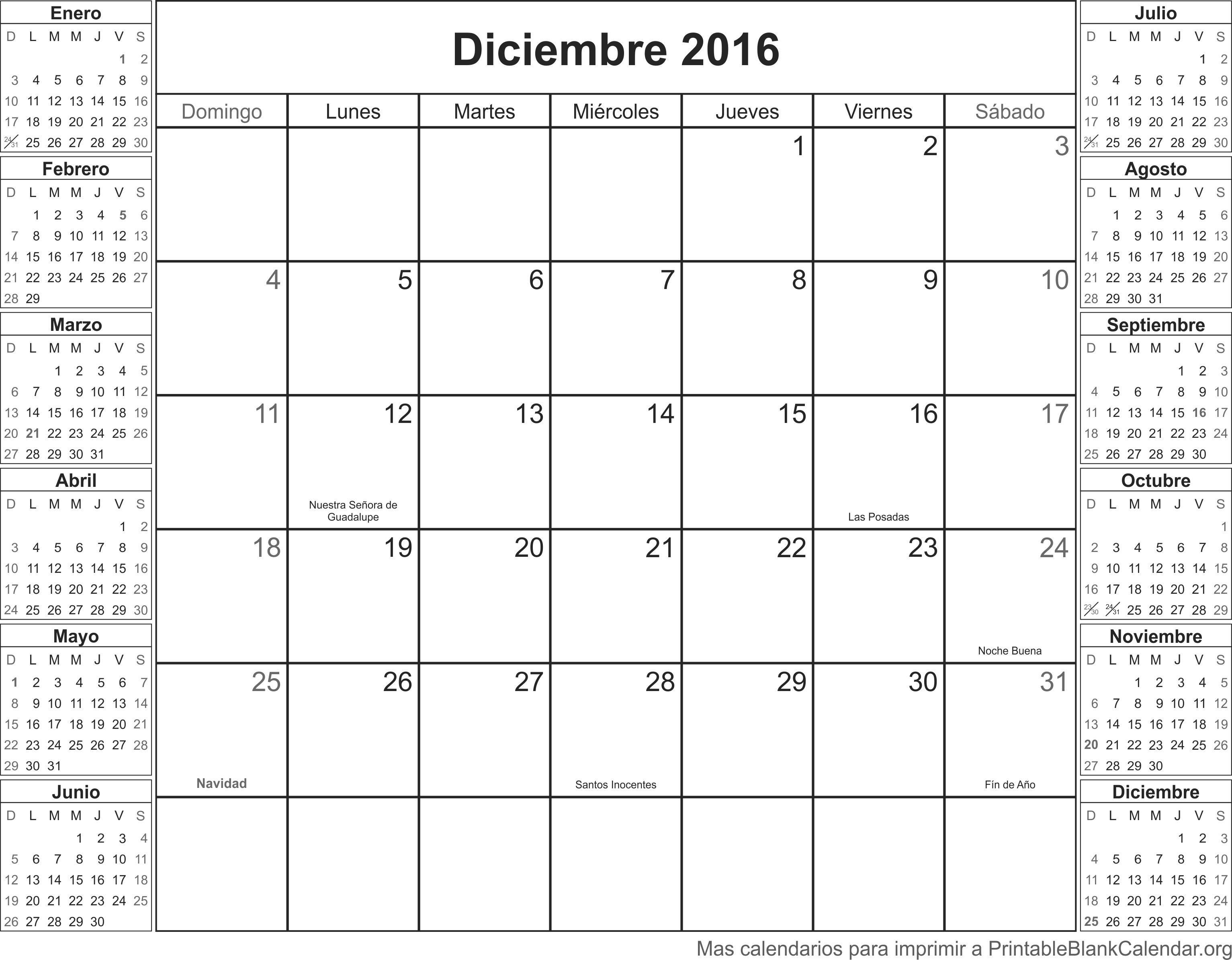 imprimir calendario deciembre 2016
