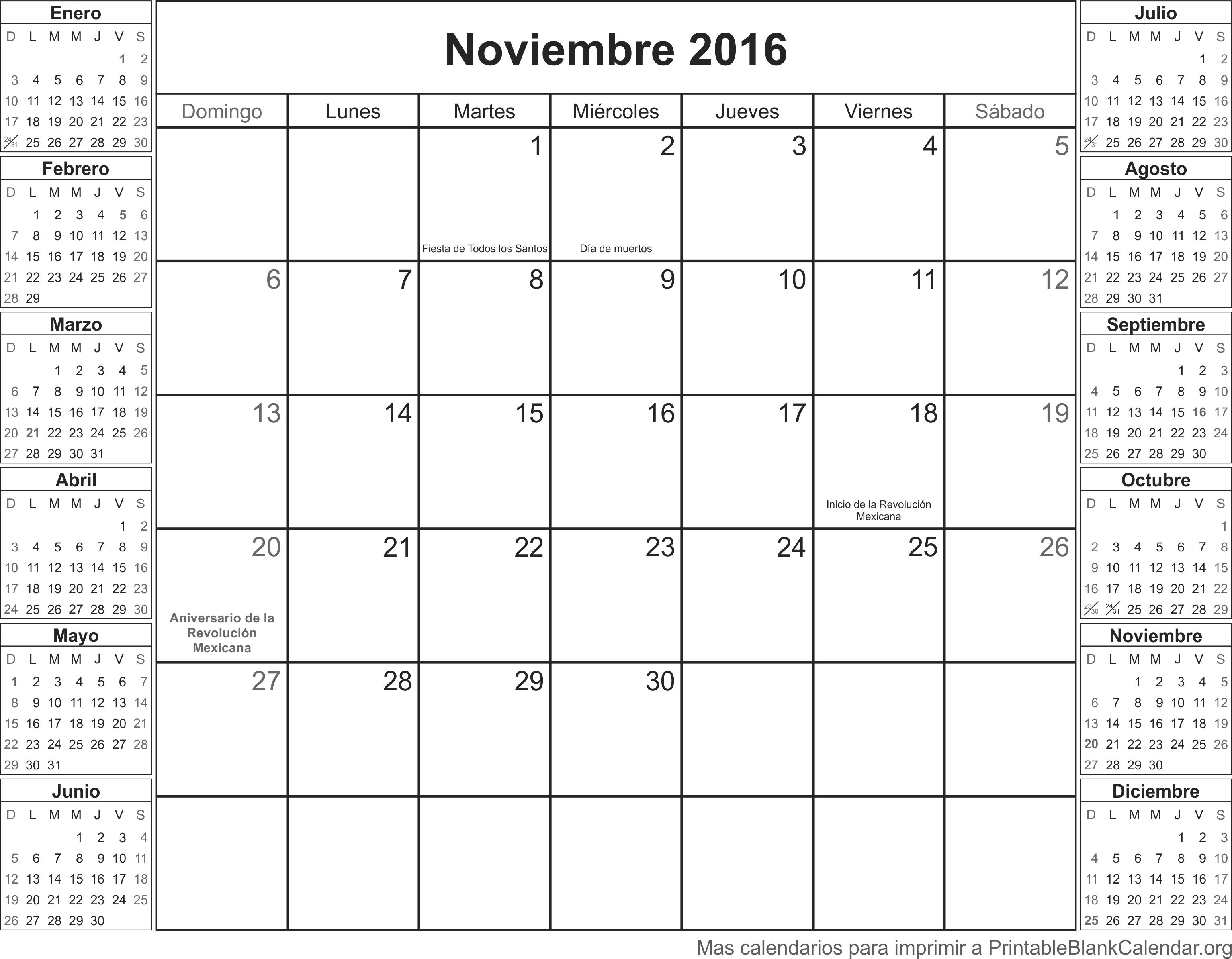 Noviembre 2016 calendario