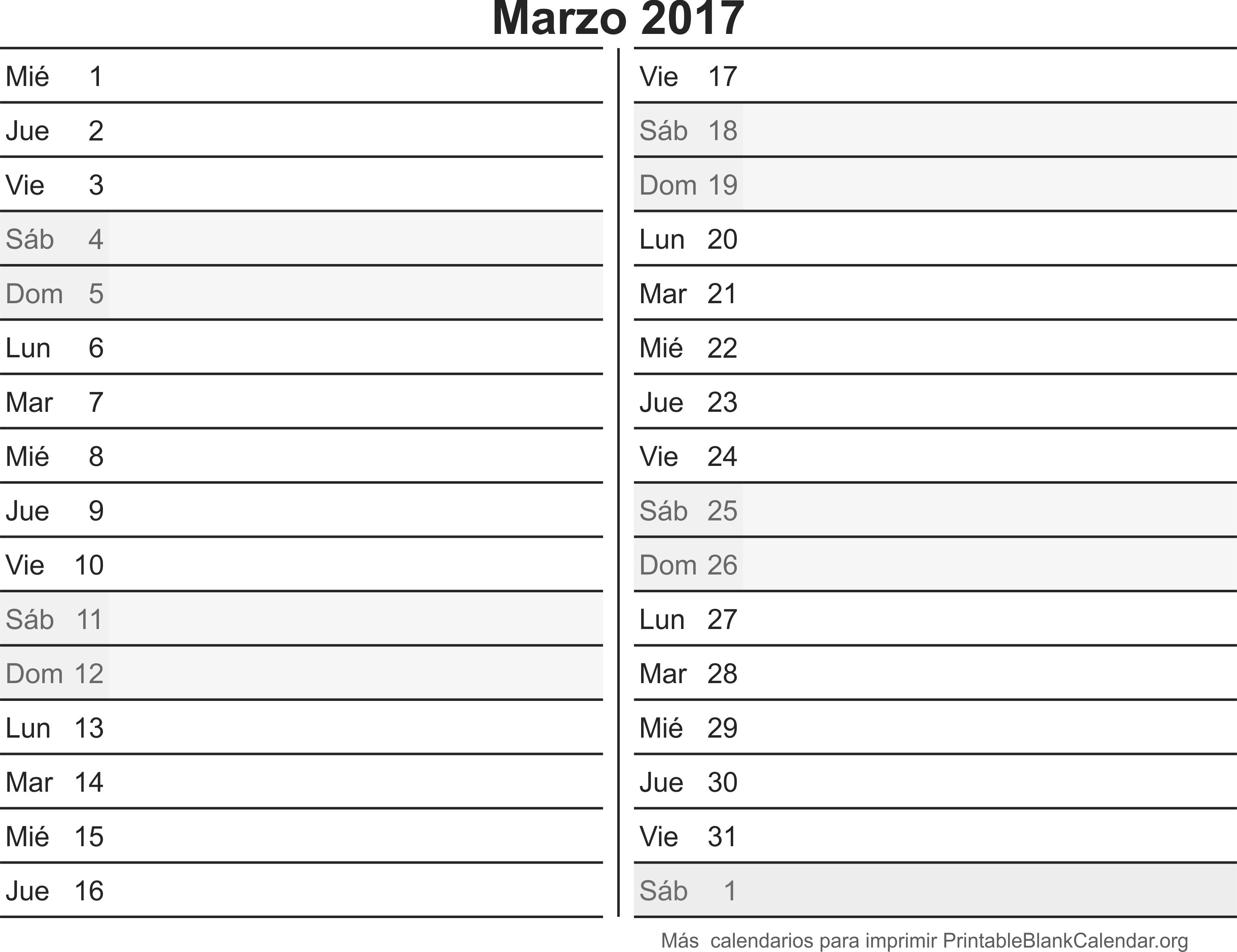 calendario para imprimir marzo-2017