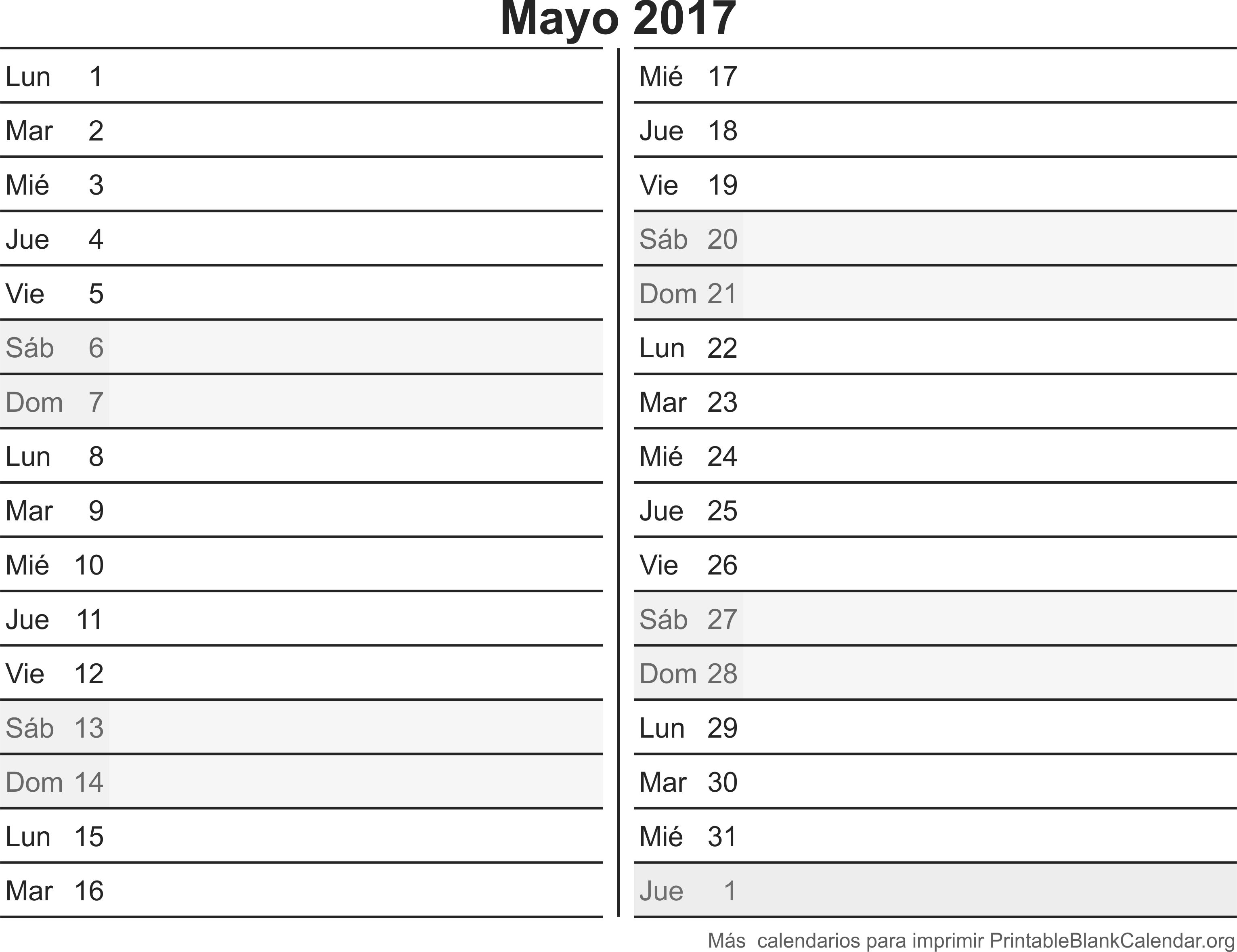 calendario para imprimir may 2017
