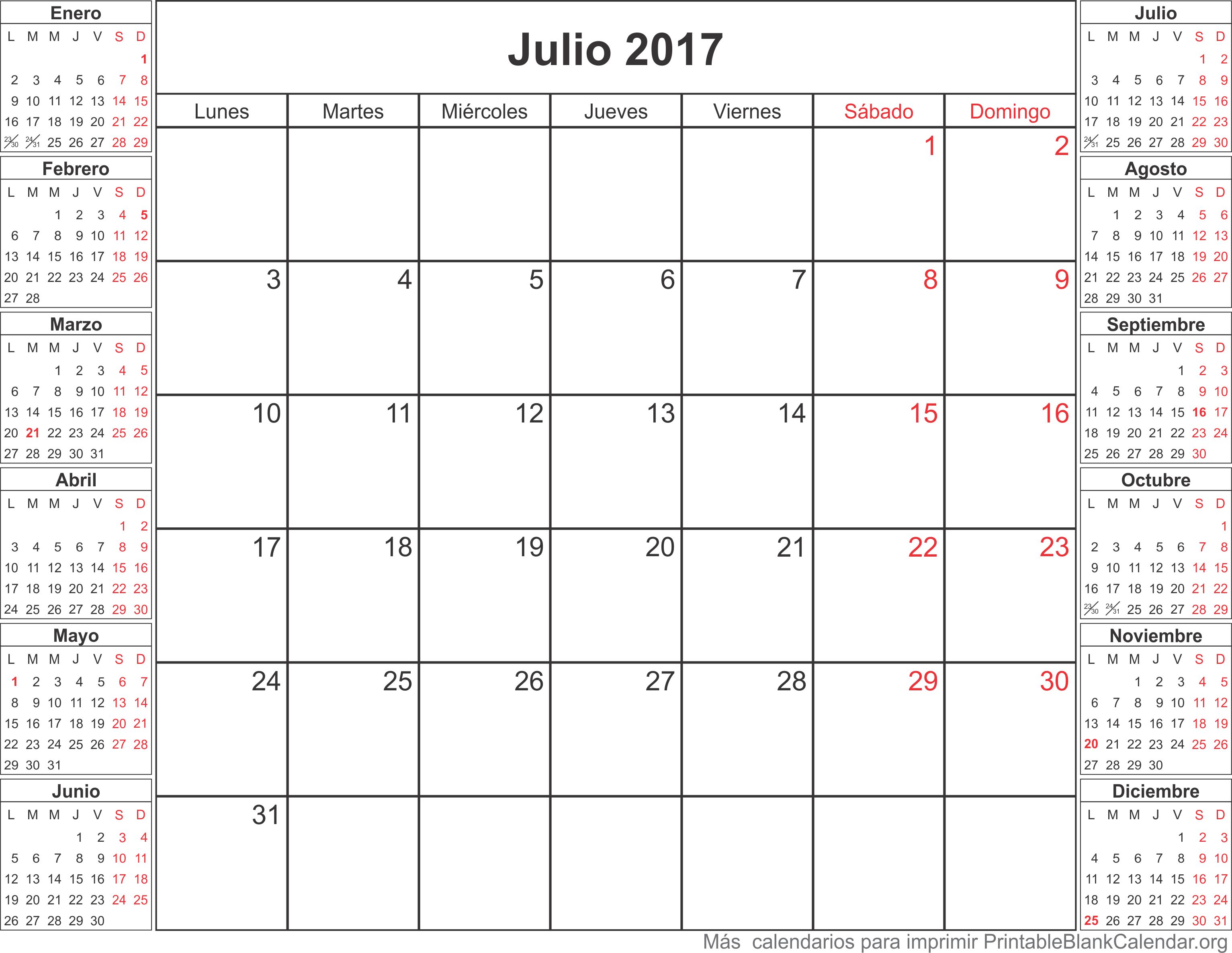 calendario para imprimir julio 2017