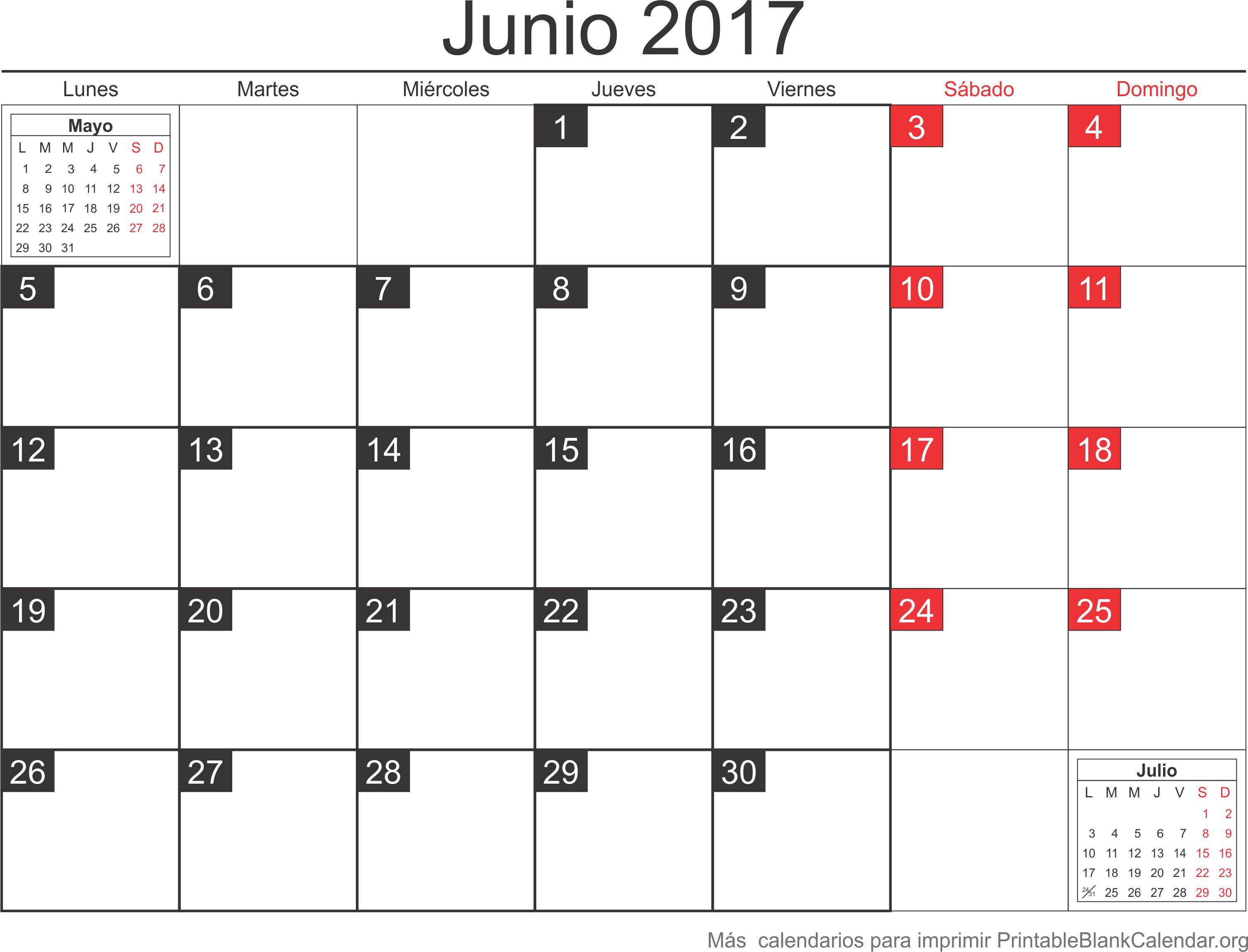 imprimir calendario junio 2017