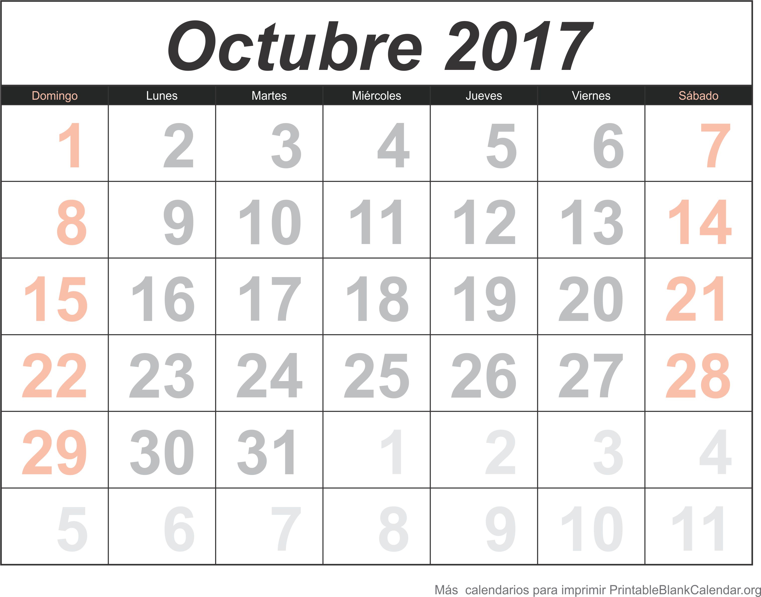calendario oct 2017 para imprimir