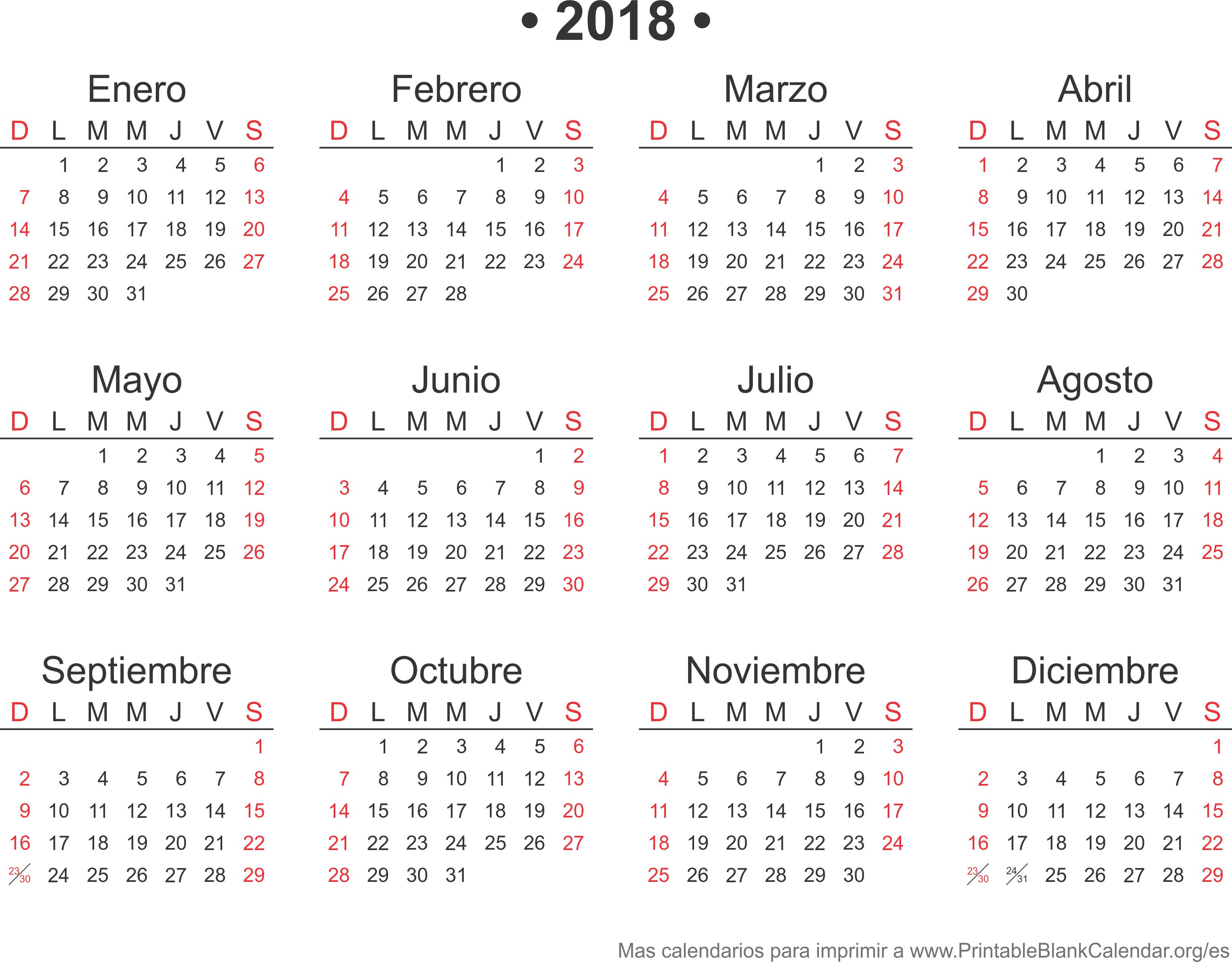 calendario para imprimir 2018