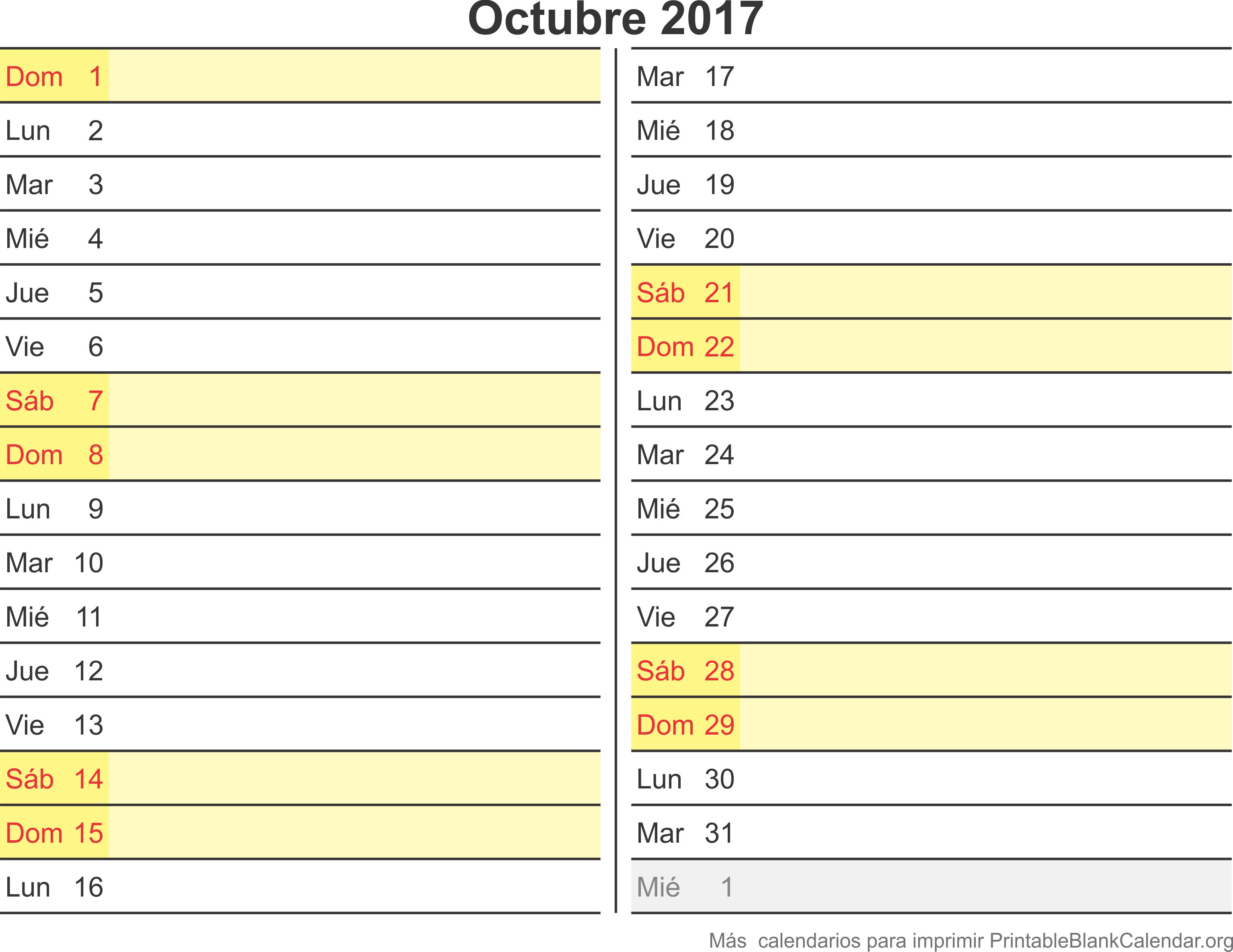 calendario para imprimir octubre 2017