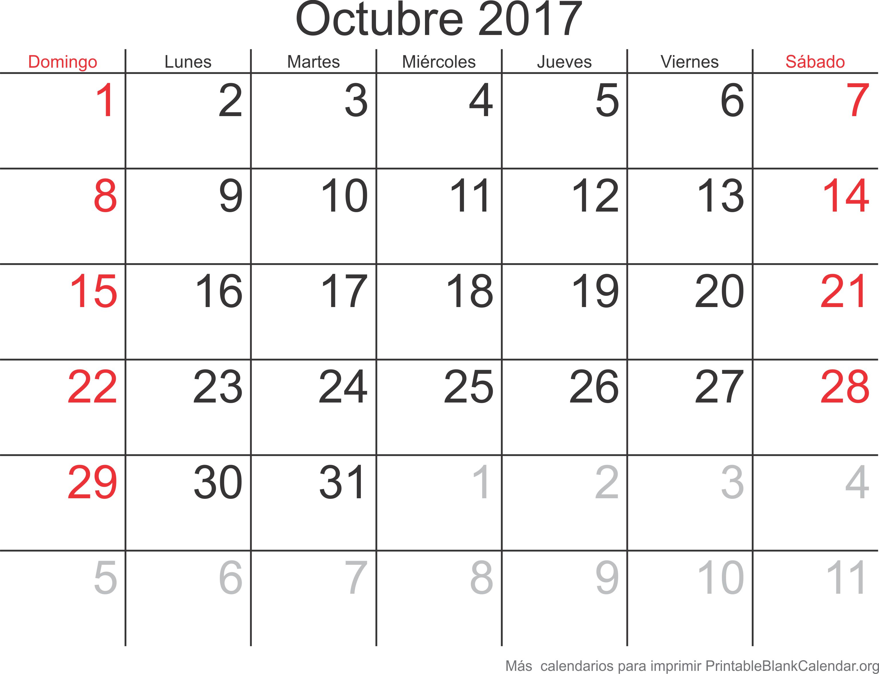 oct 2017 calendario