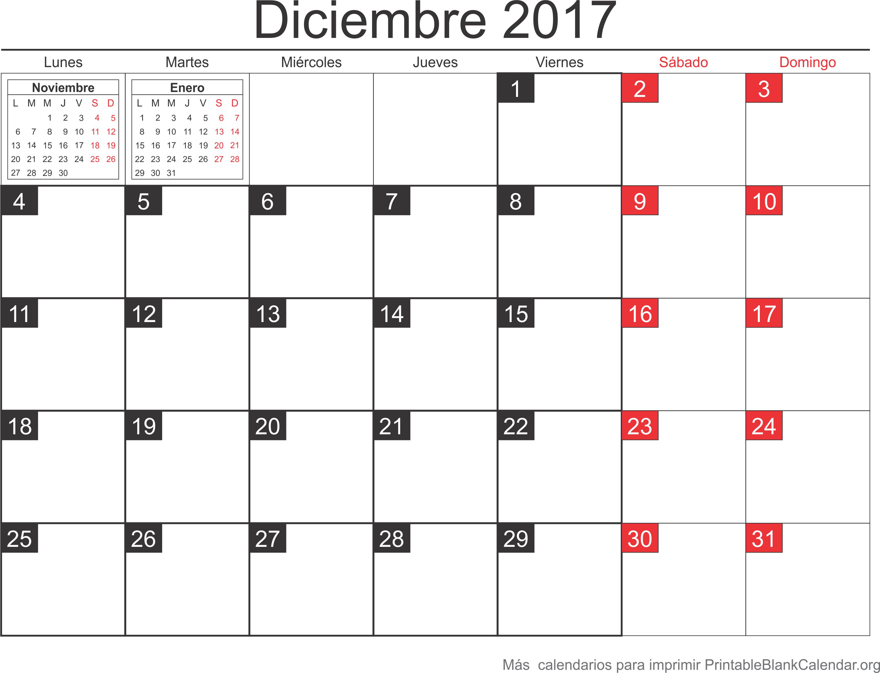 calendario dec 2017 para imprimir