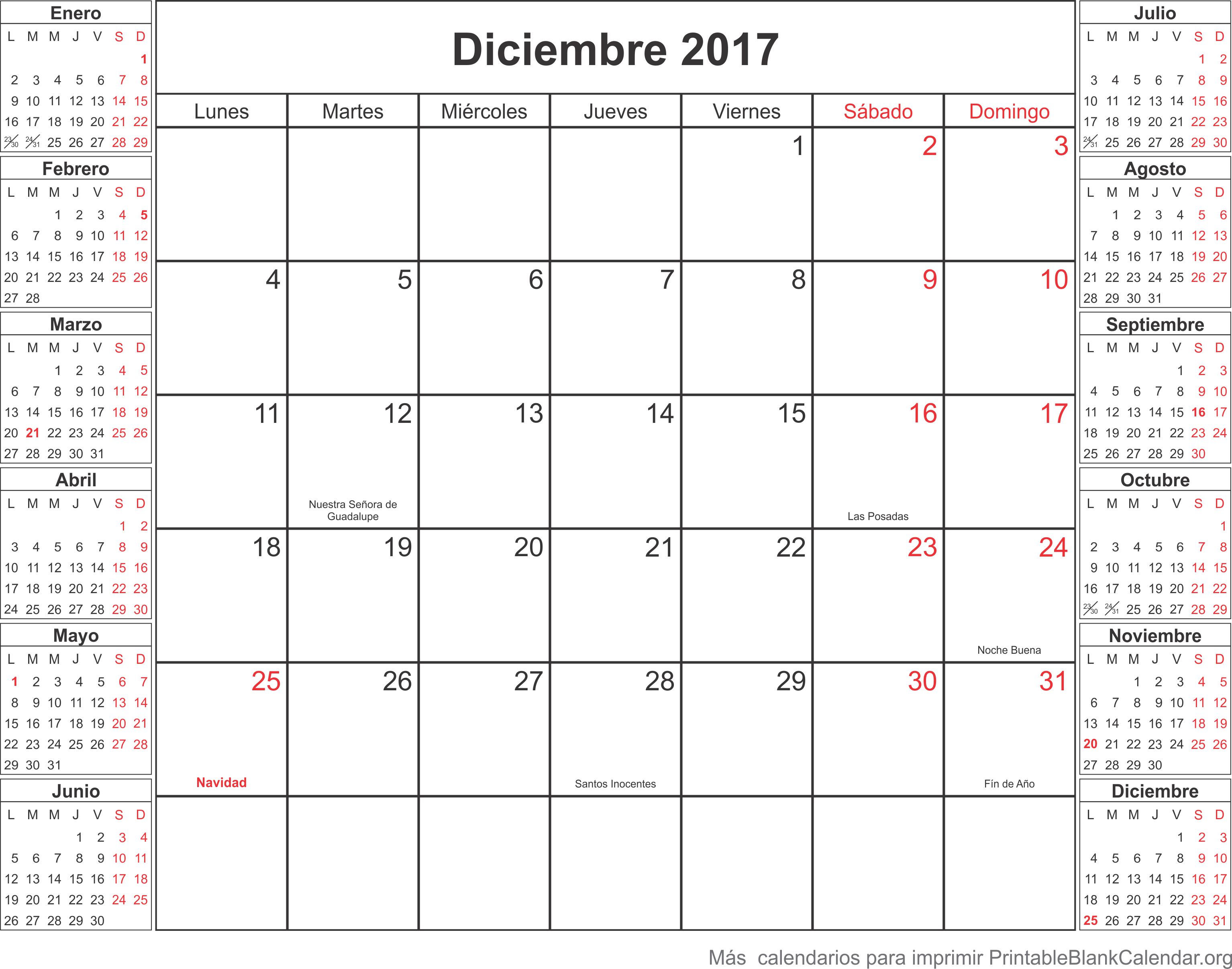 calendario para imprimir deciembre 2017