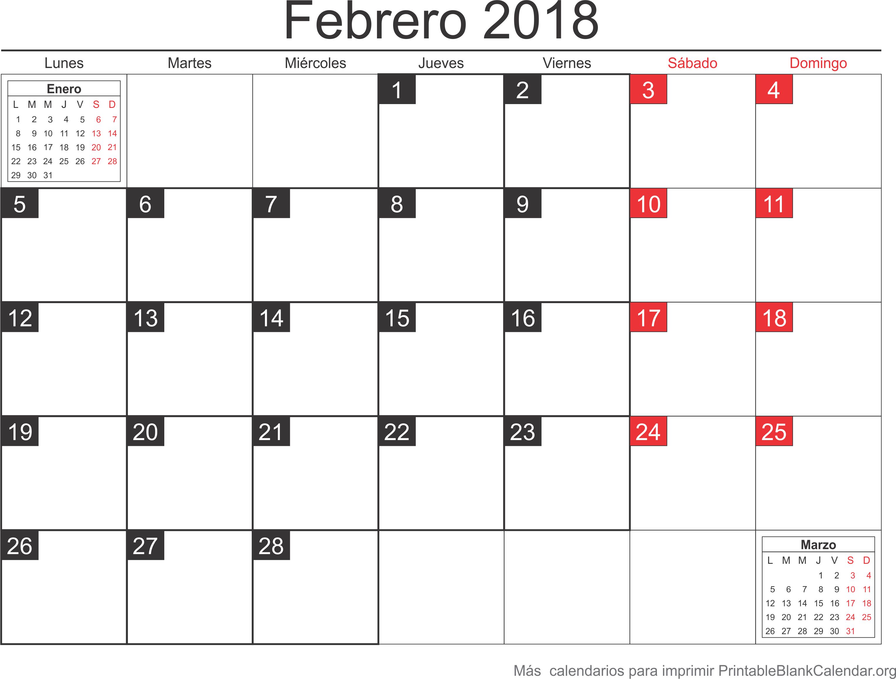 calendario feb 2018 para imprimir