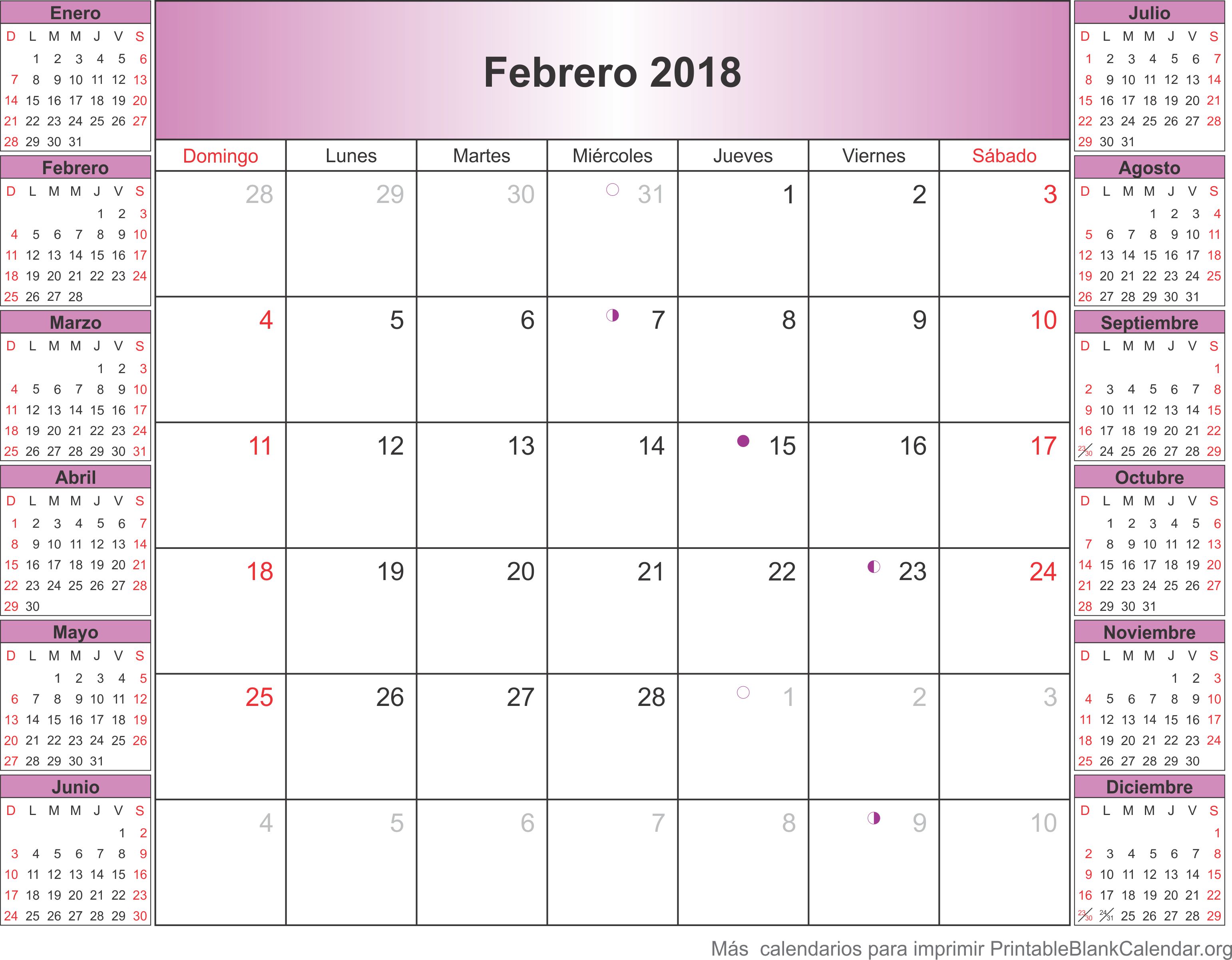 calendario febrero 2018