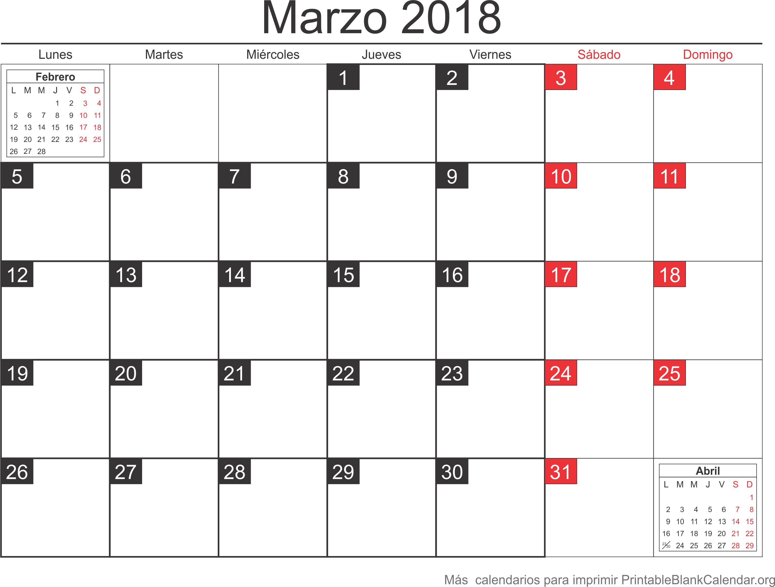 calendario mar 2018 para imprimir