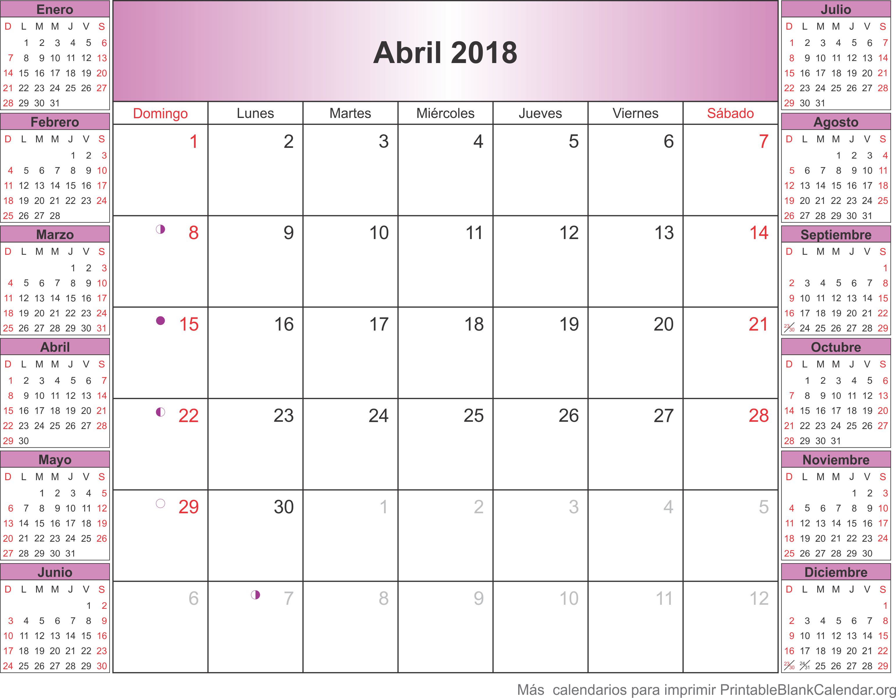 calendario para imprimir abril 2018