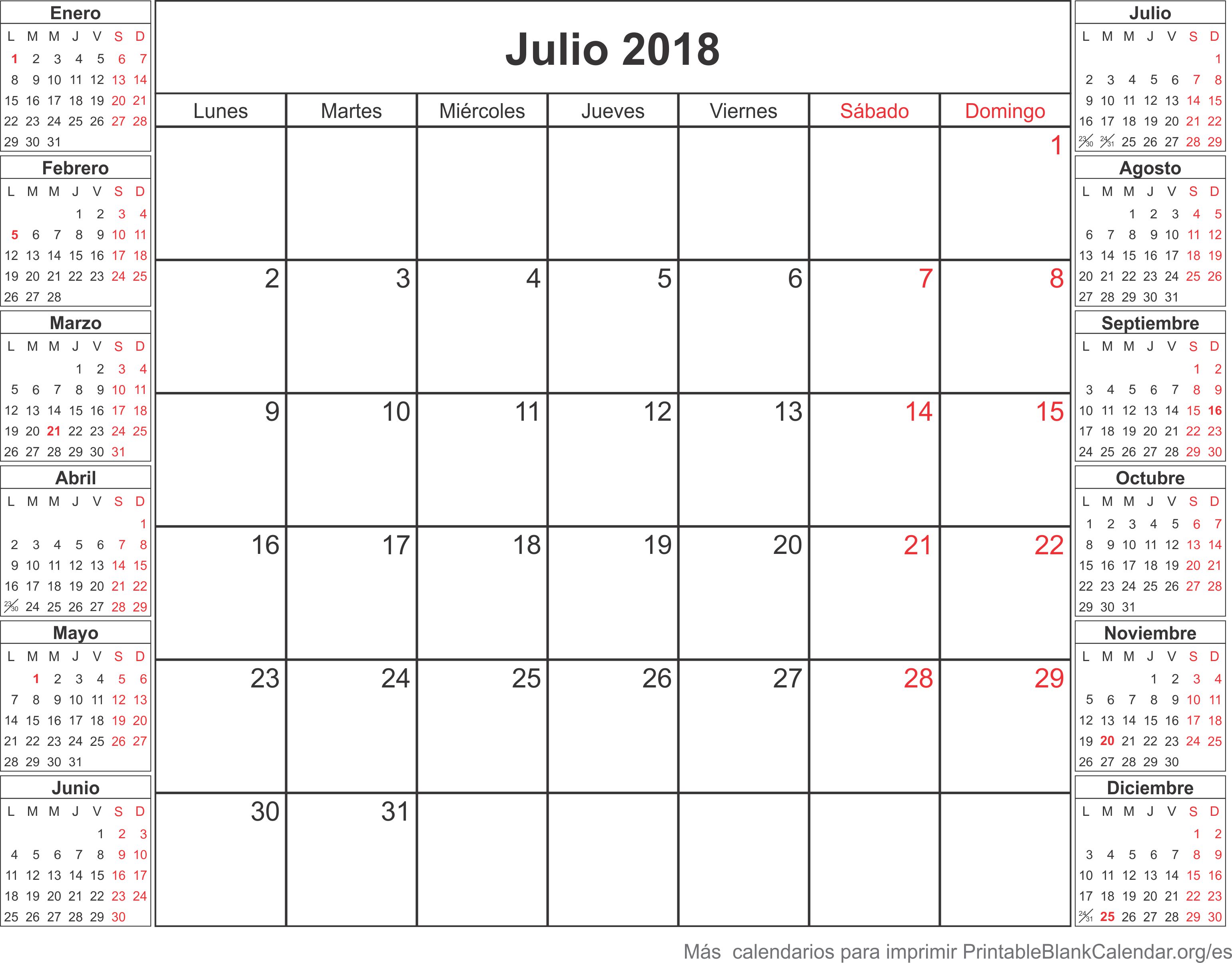 calendario para imprimir julio 2018