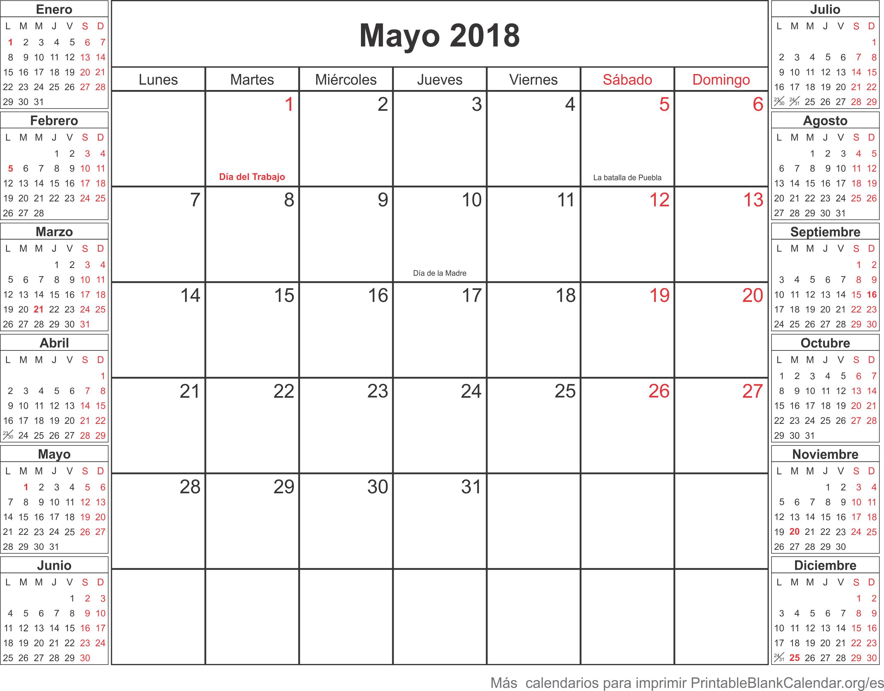 calendario para imprimir mayo 2018
