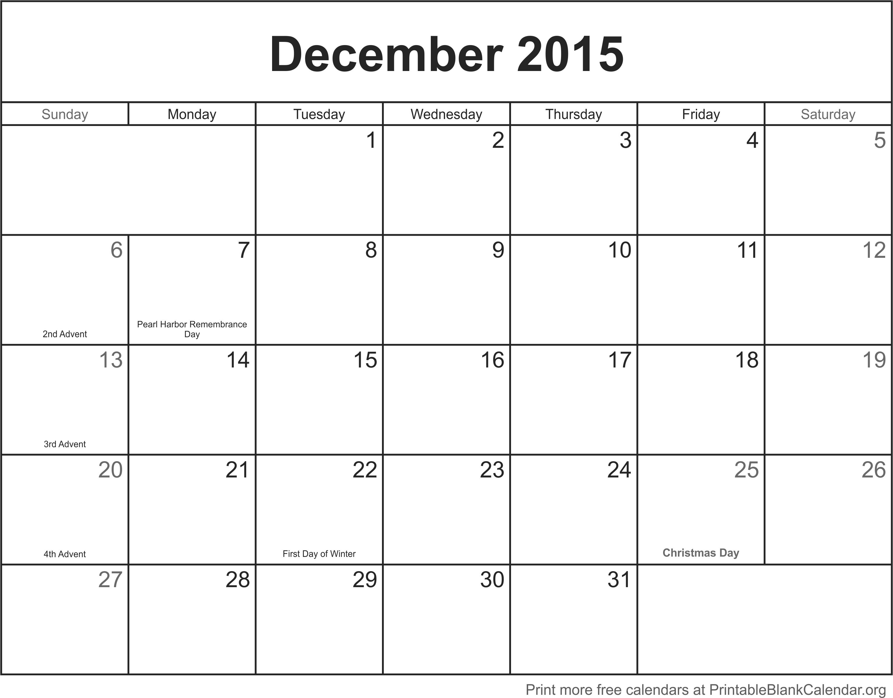 December 2015 blank calendar template