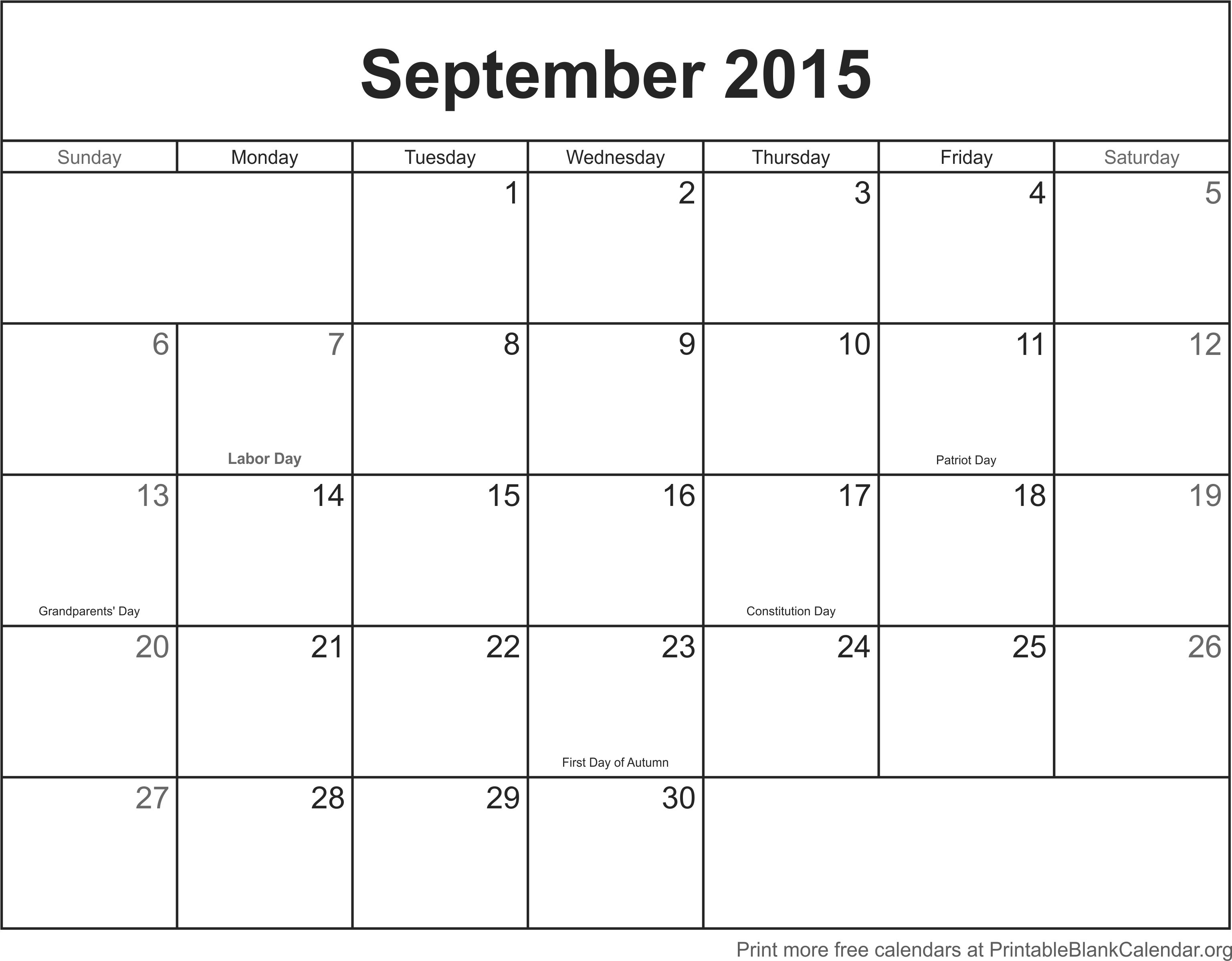September 2015 Printable Calendar Printable Blank