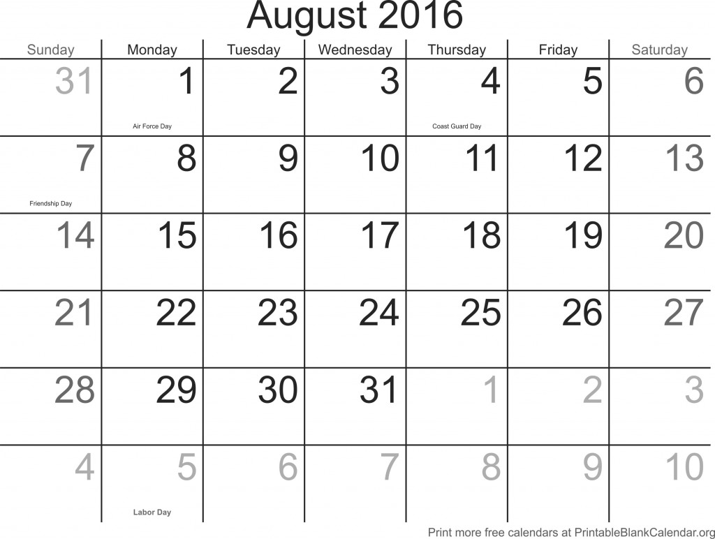 August 2016 Free Printable Calendar Templates Printable Blank
