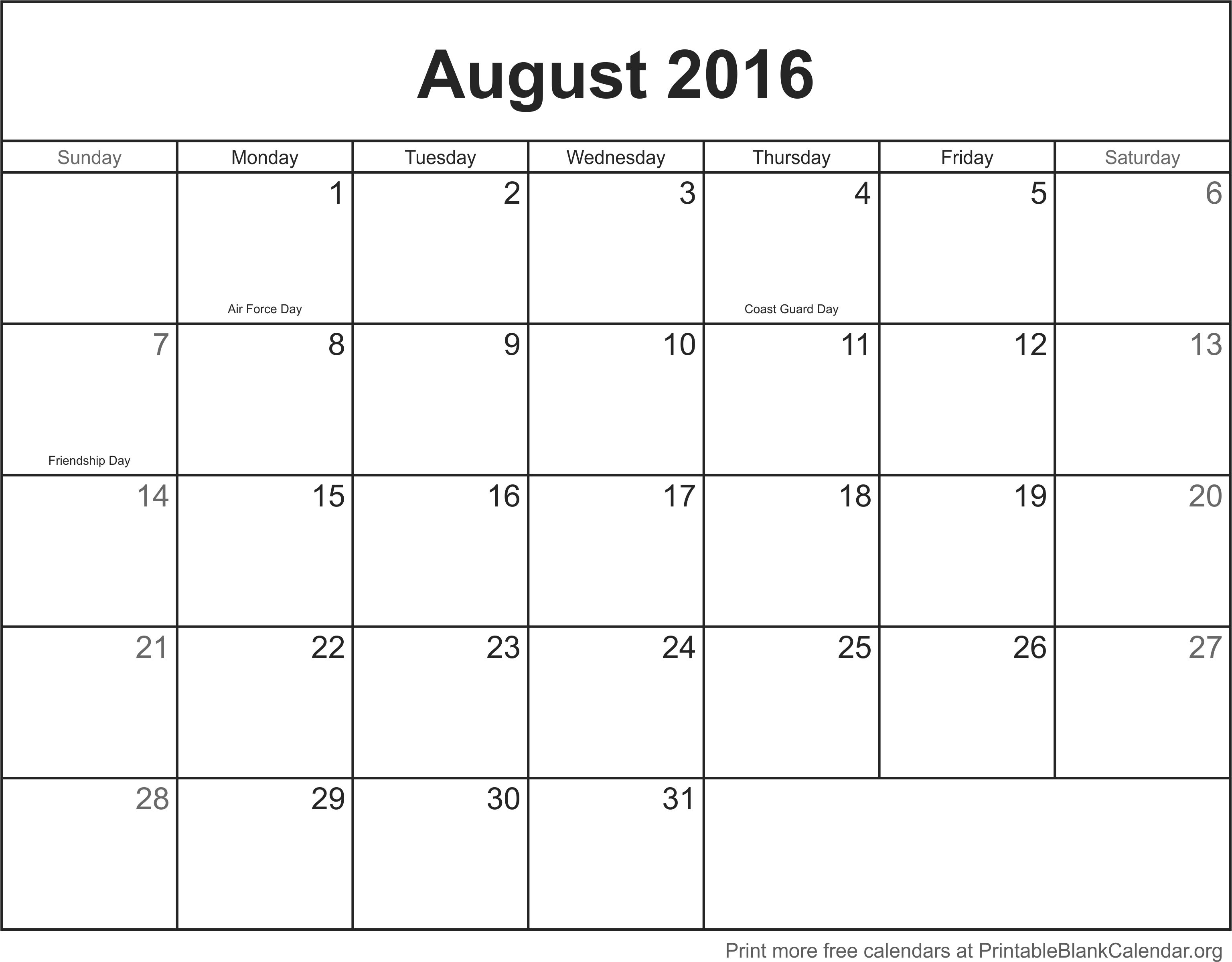 Free Calendar August 2016 Printable Blank