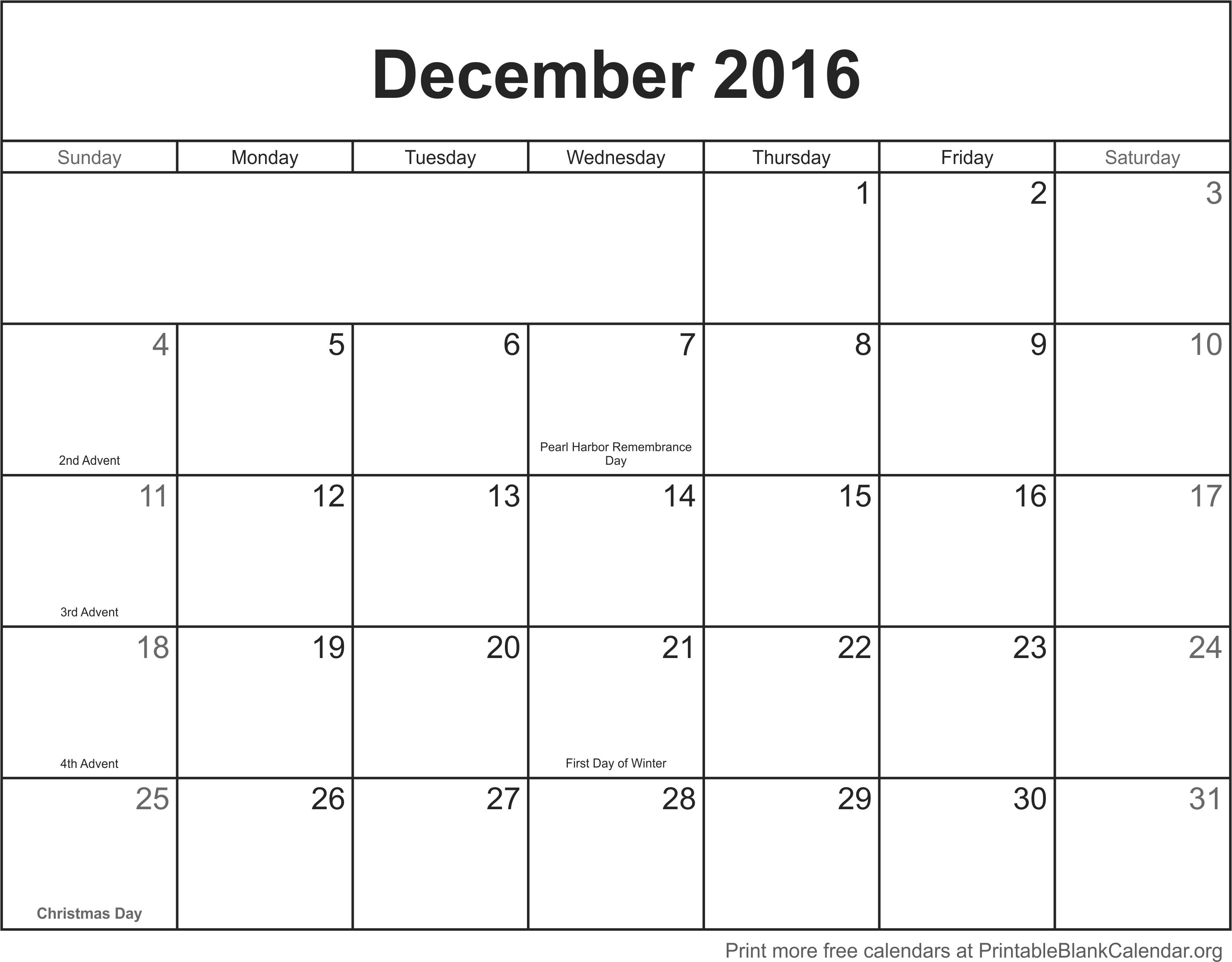 December 2016 Printable Calendar Printable Blank