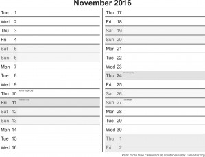 november 2016 mini calendar