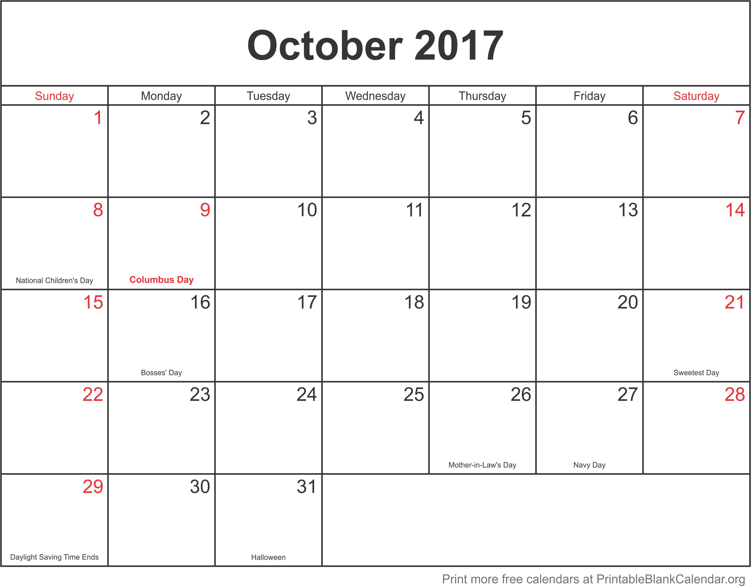 Printable Monthly Calendar October 2017 Word Template