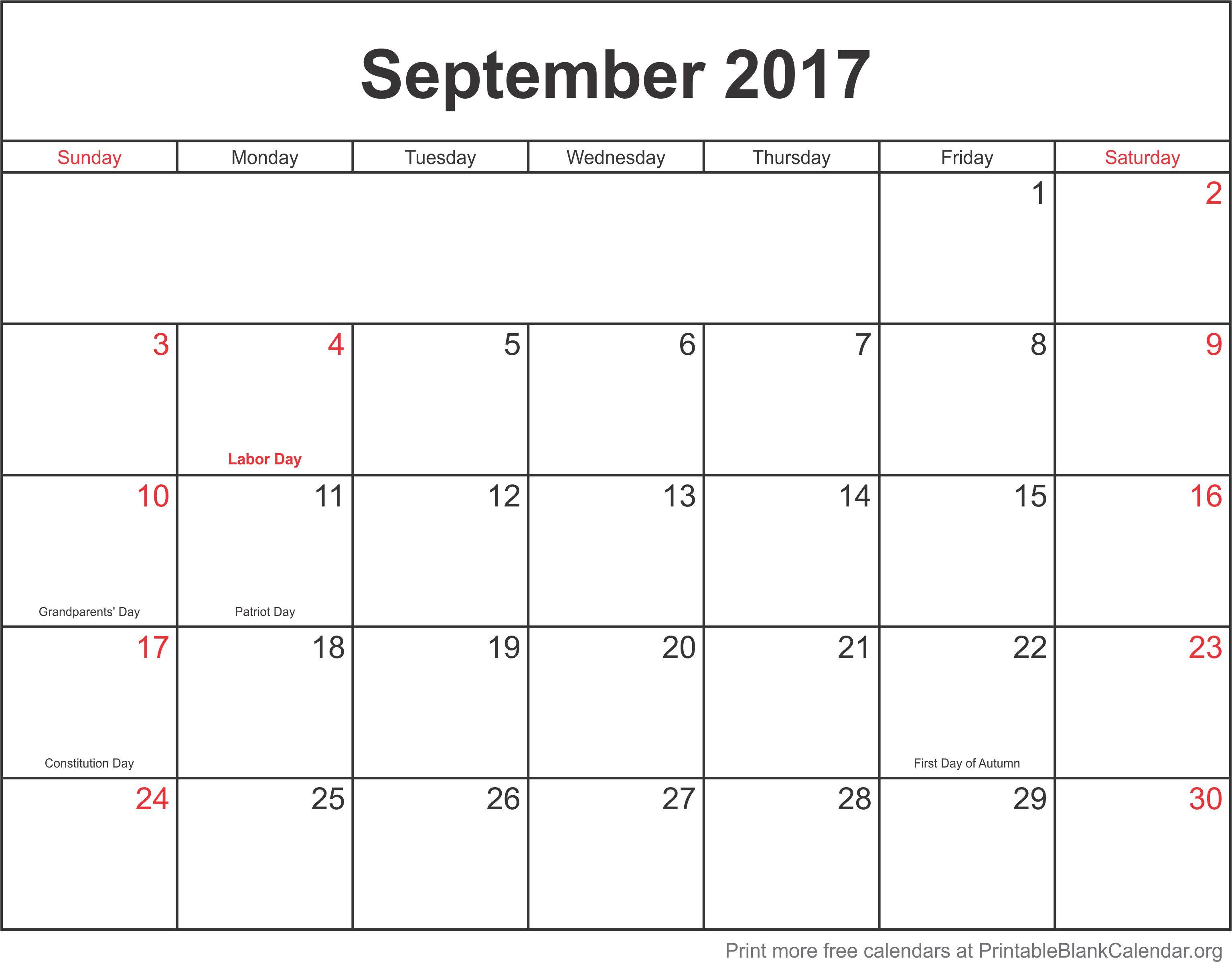 September 2017 monthly calendar Printable Blank