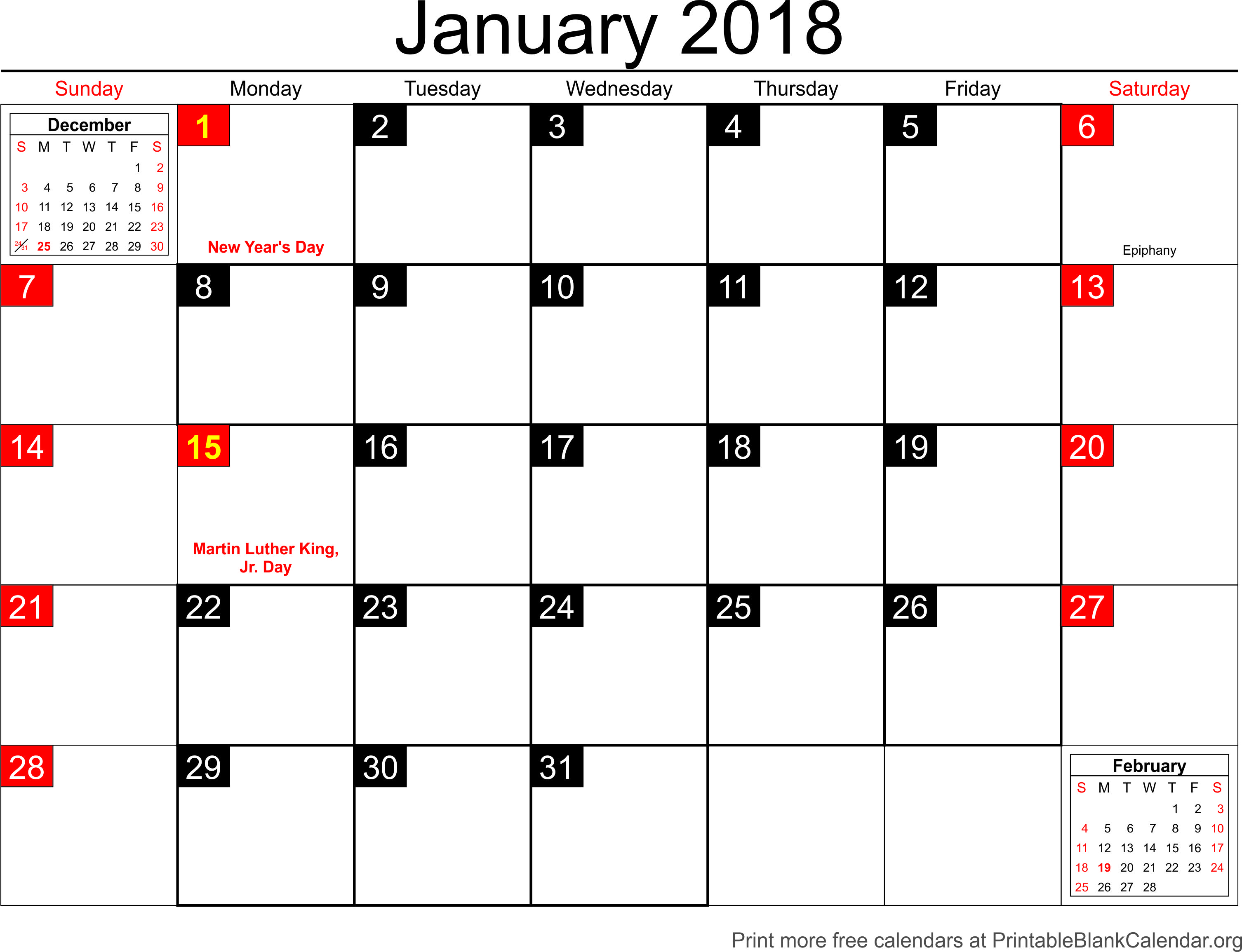 January 2018 blank calendar template Printable Blank