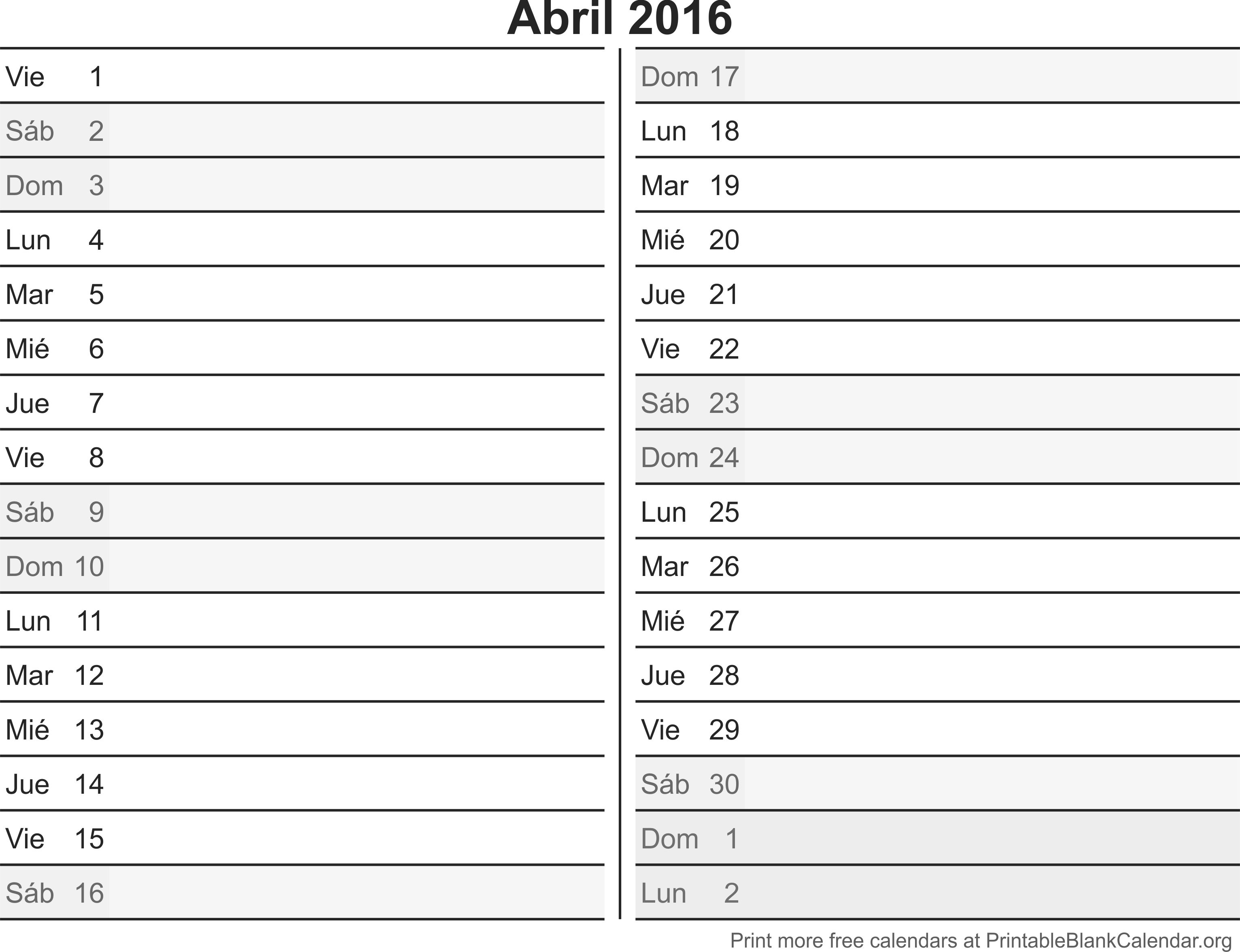 calendario abril 2016
