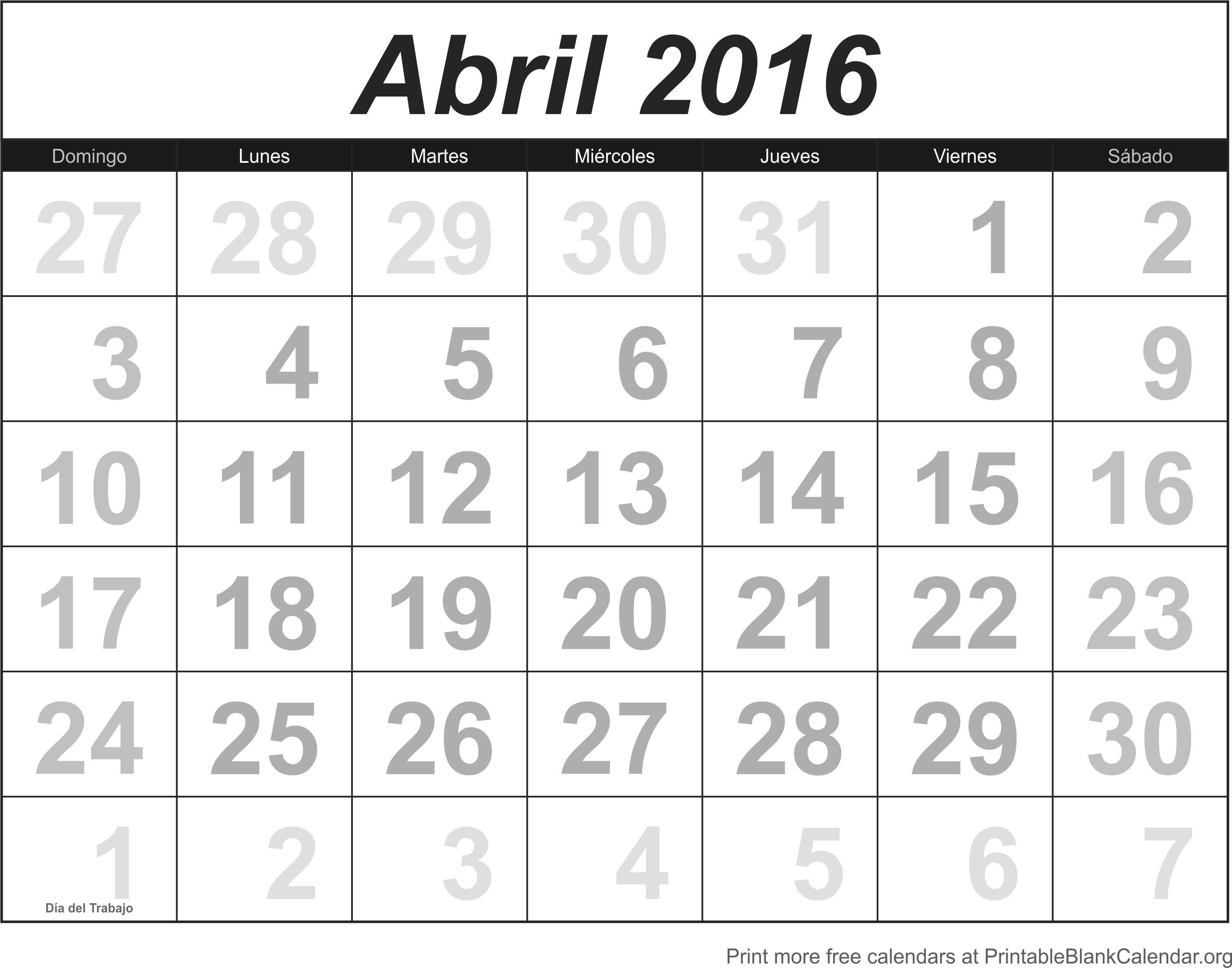 Imprimir calendario Abril 2016