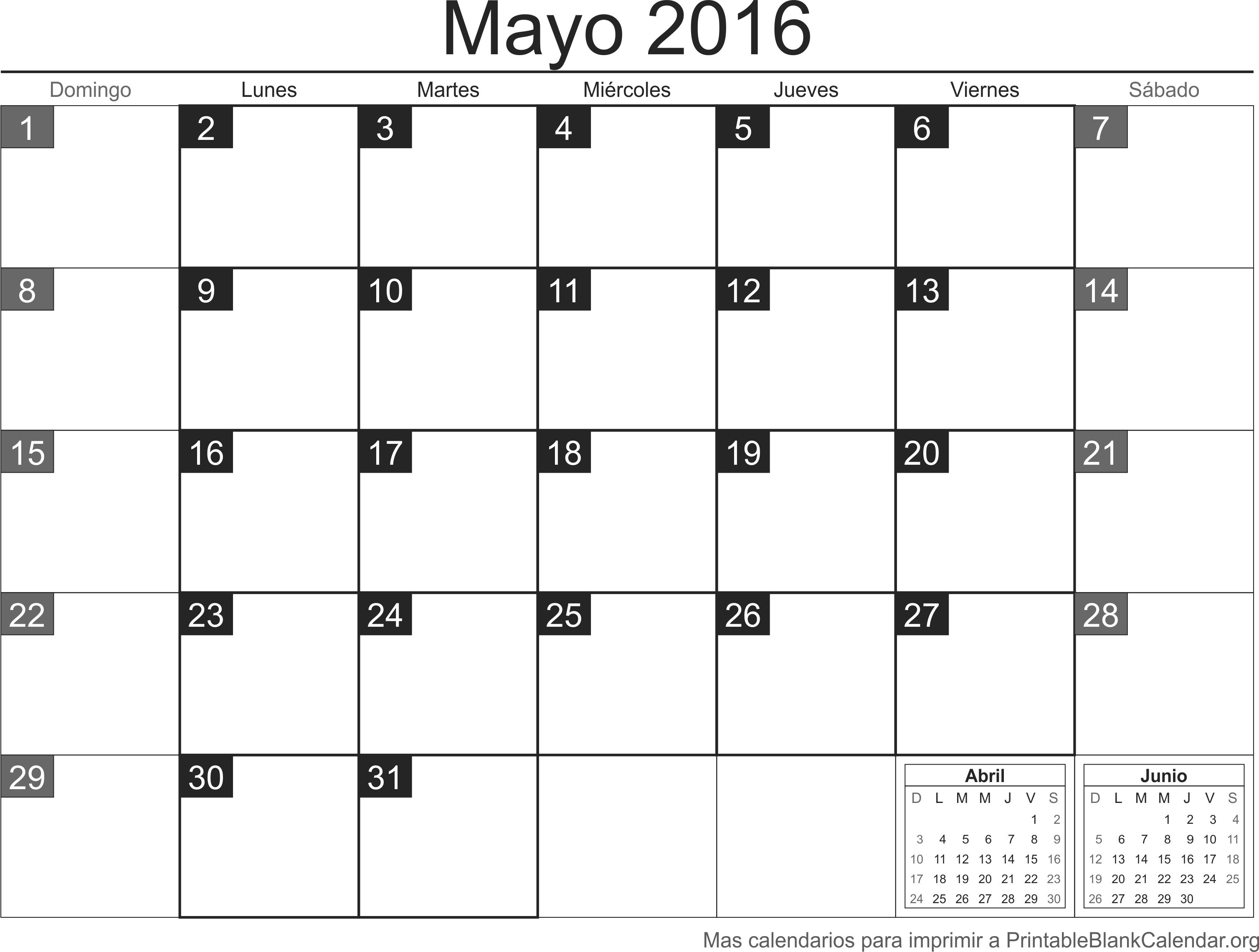 Calendario May 2016 para imprimir