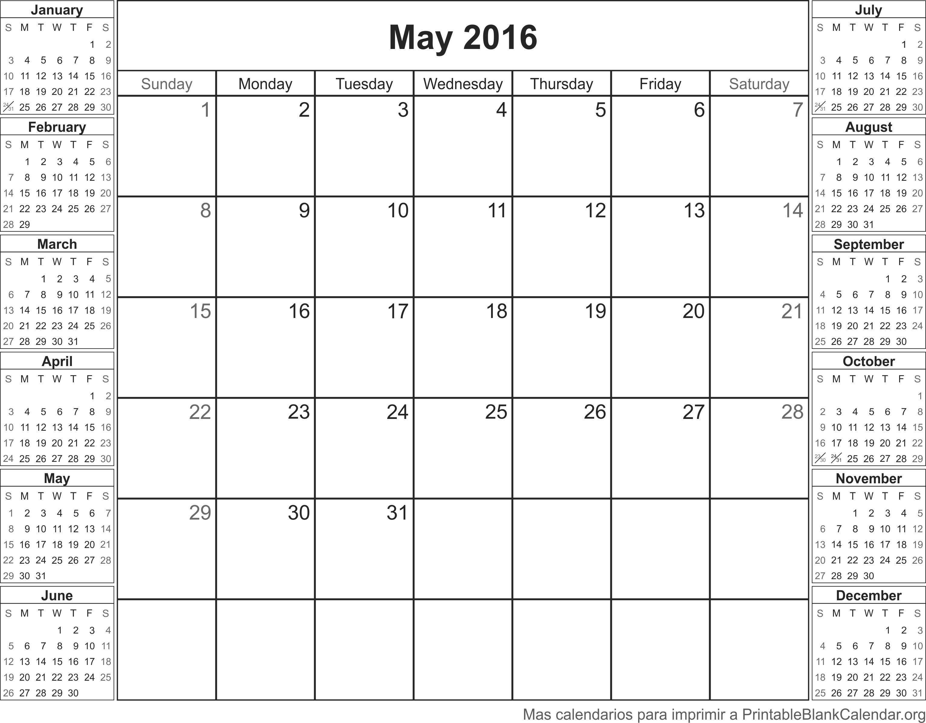 Calendario para imprimir May 2016