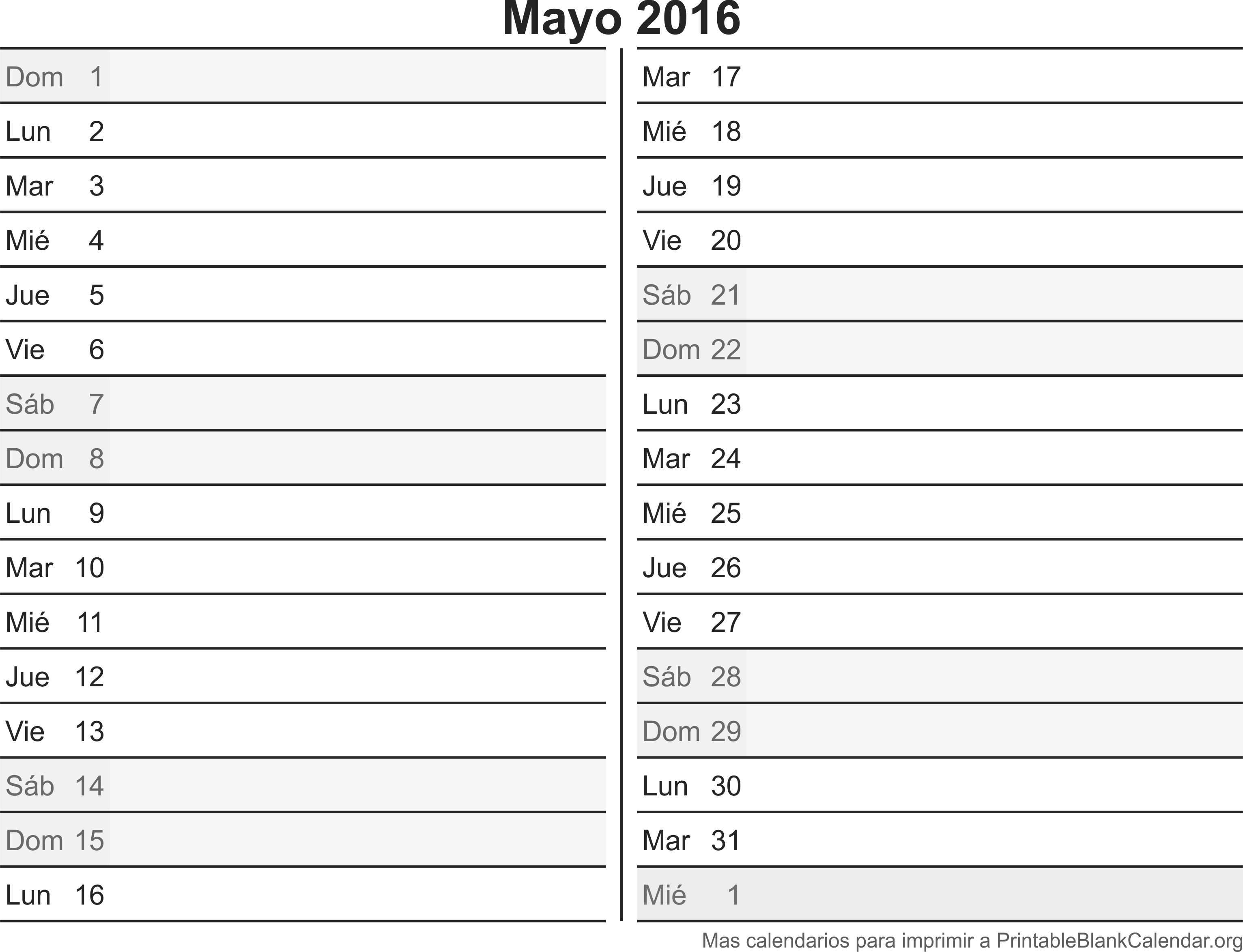 Calendario para imprimir Mayo 2016