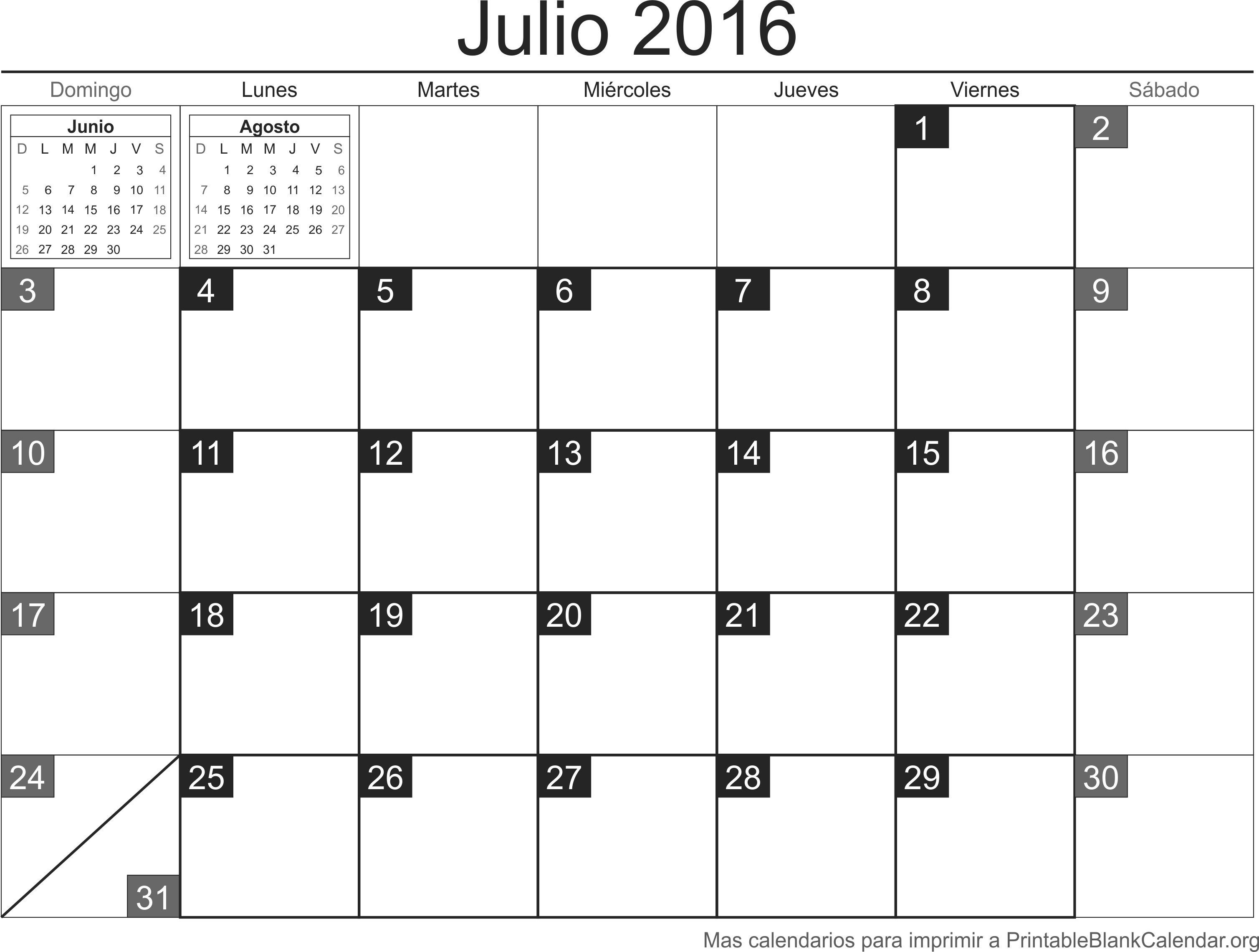 calendario jul 2016 para imprimir