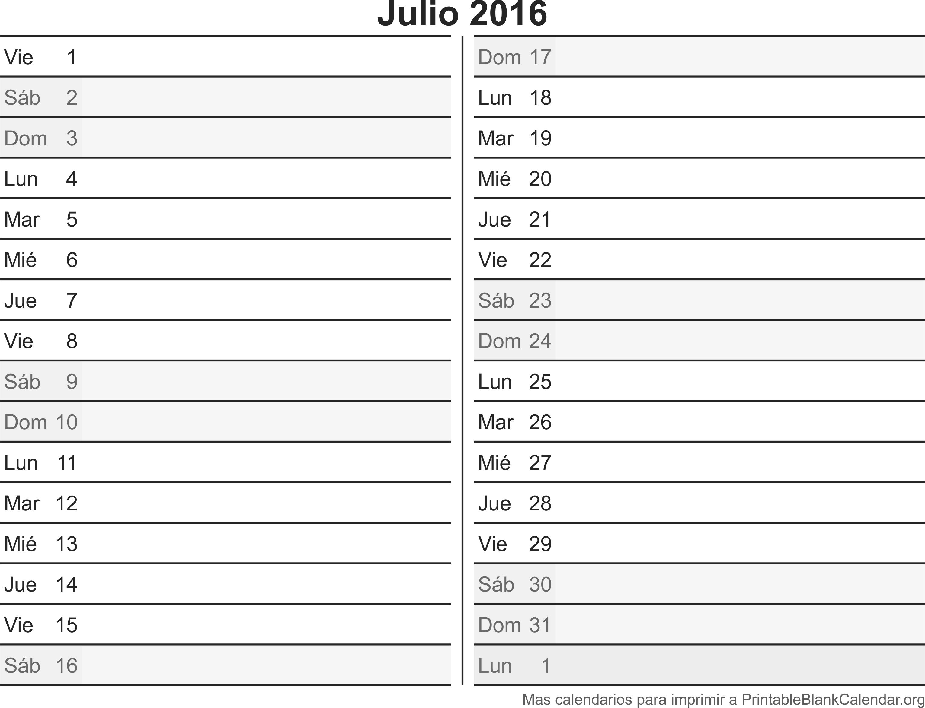 calendario para imprimir jul 2016