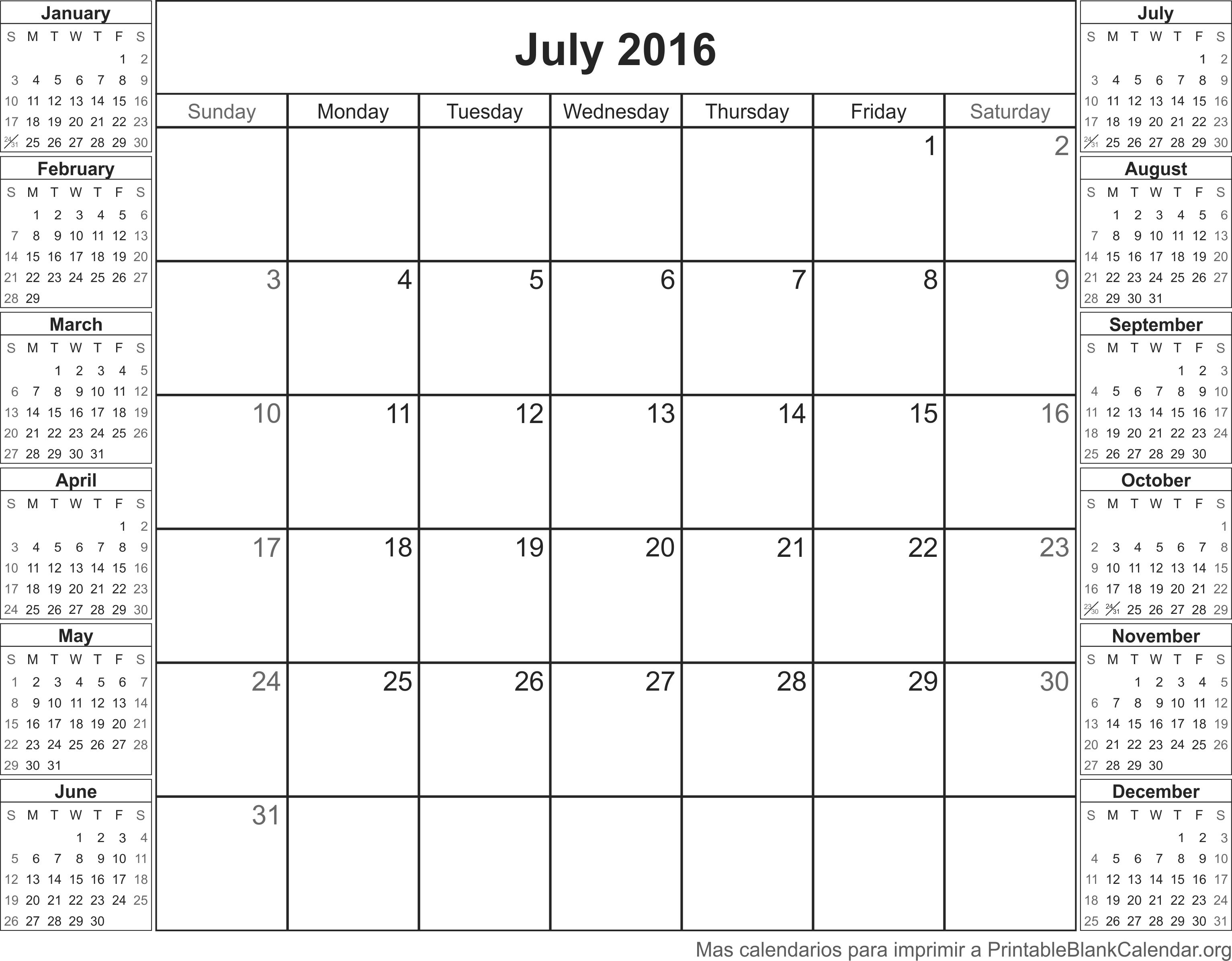 imprimir calendario julio 2016