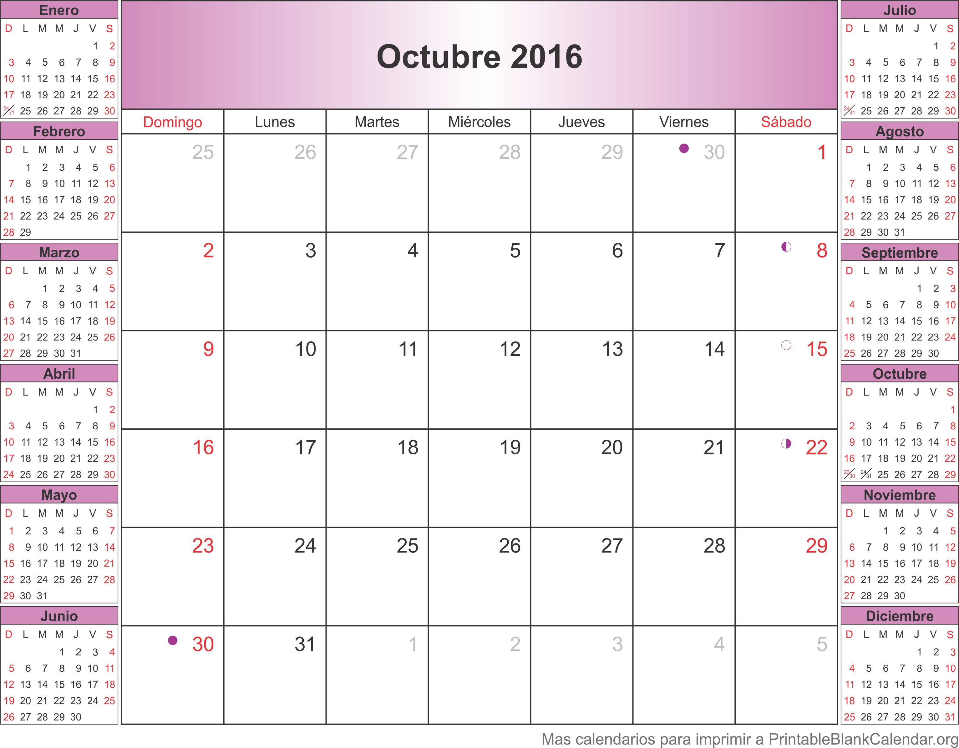 calendario para imprimir oct 2016