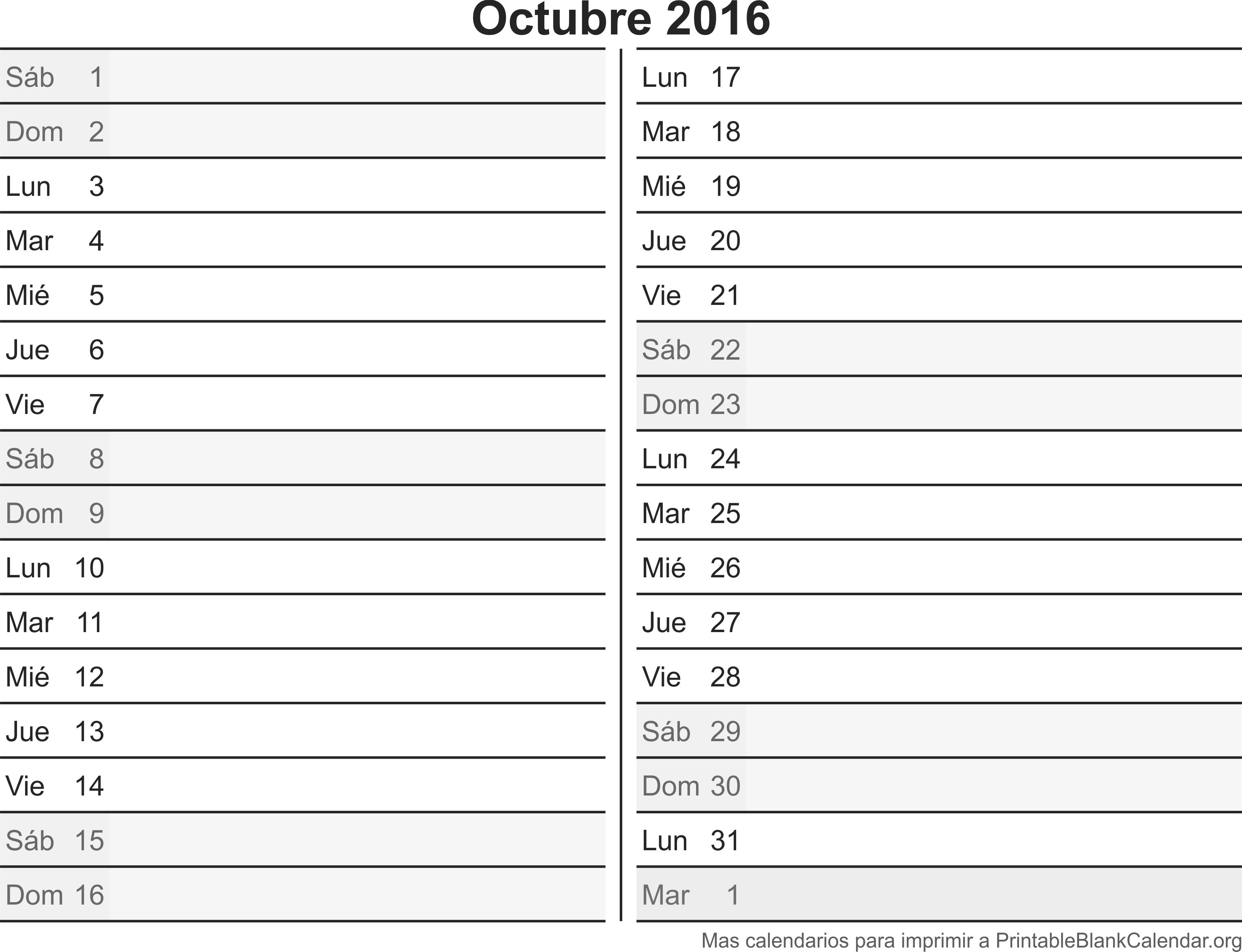 calendario para imprimir octubre 2016