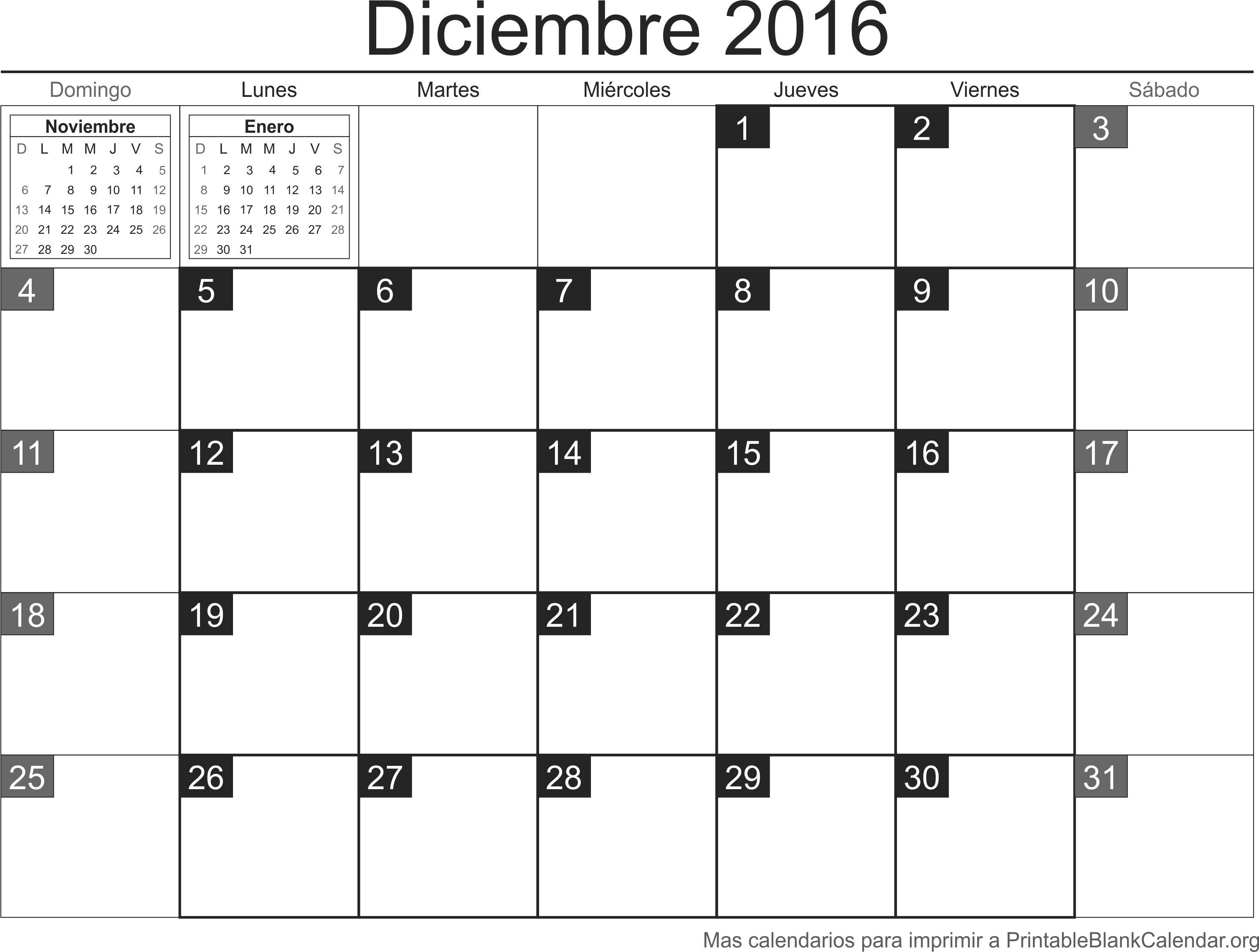 calendario dec 2016 para imprimir
