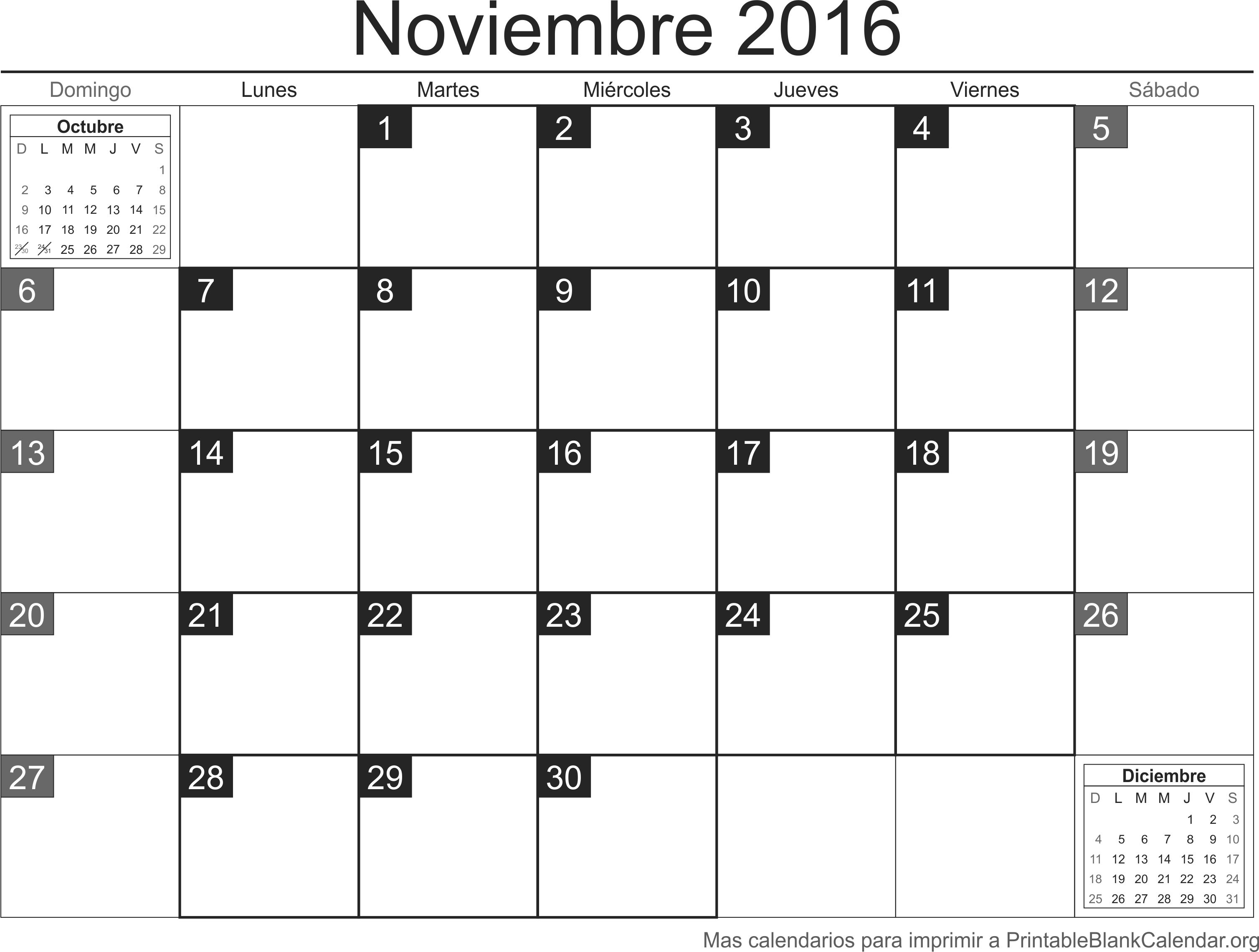 calendario nov 2016 para imprimir