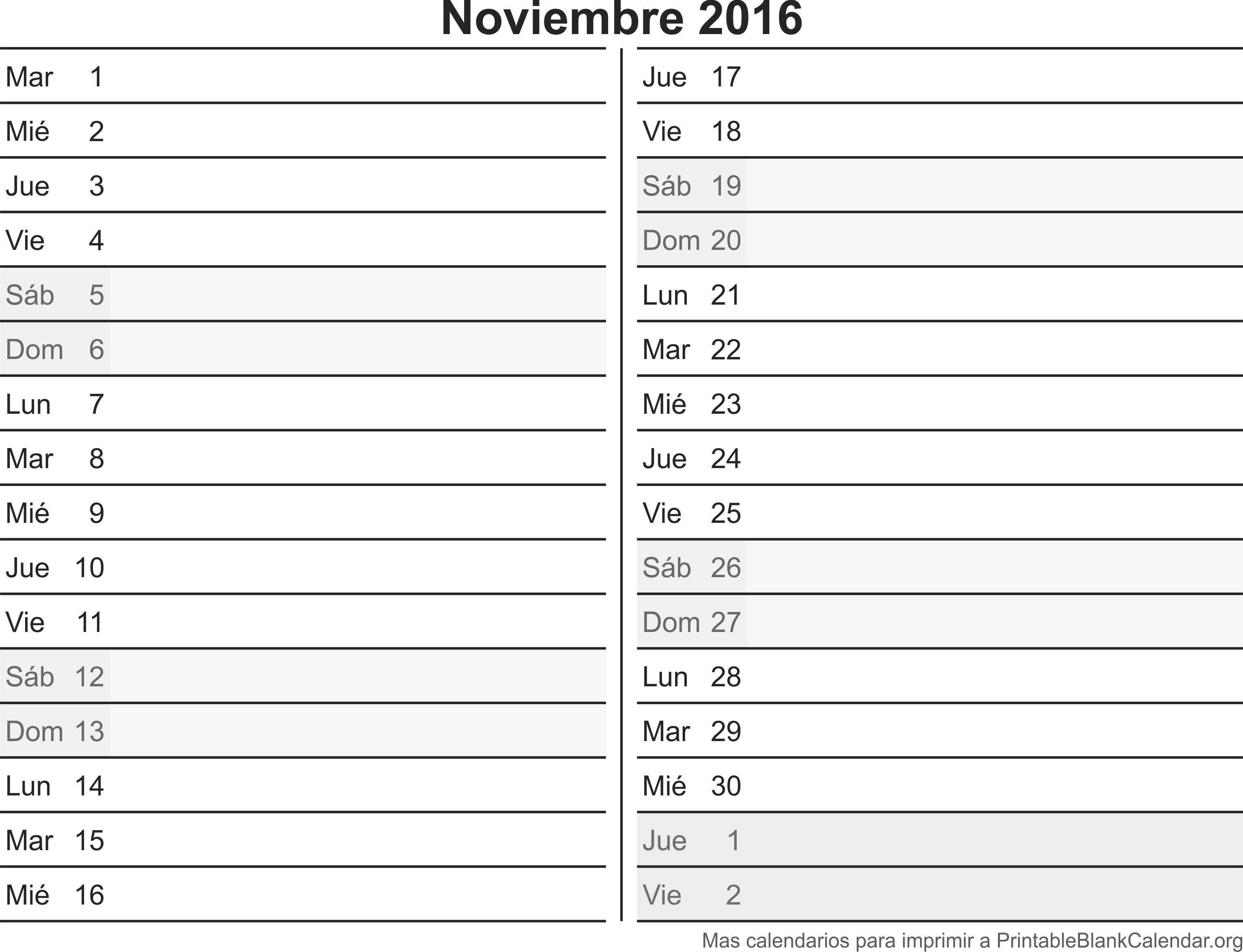 calendario para imprimir nov 2016