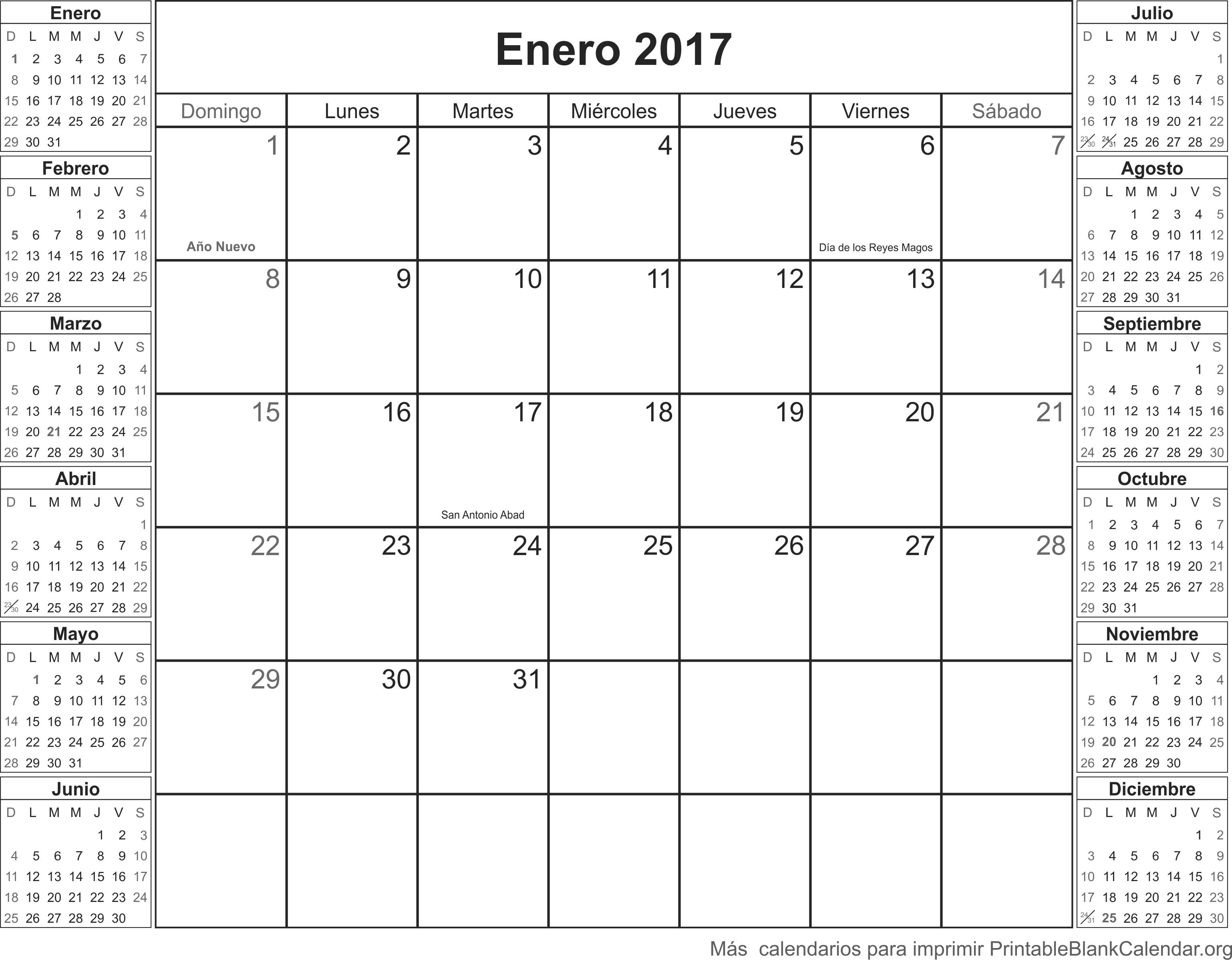 calendario para imprimir enero 2017