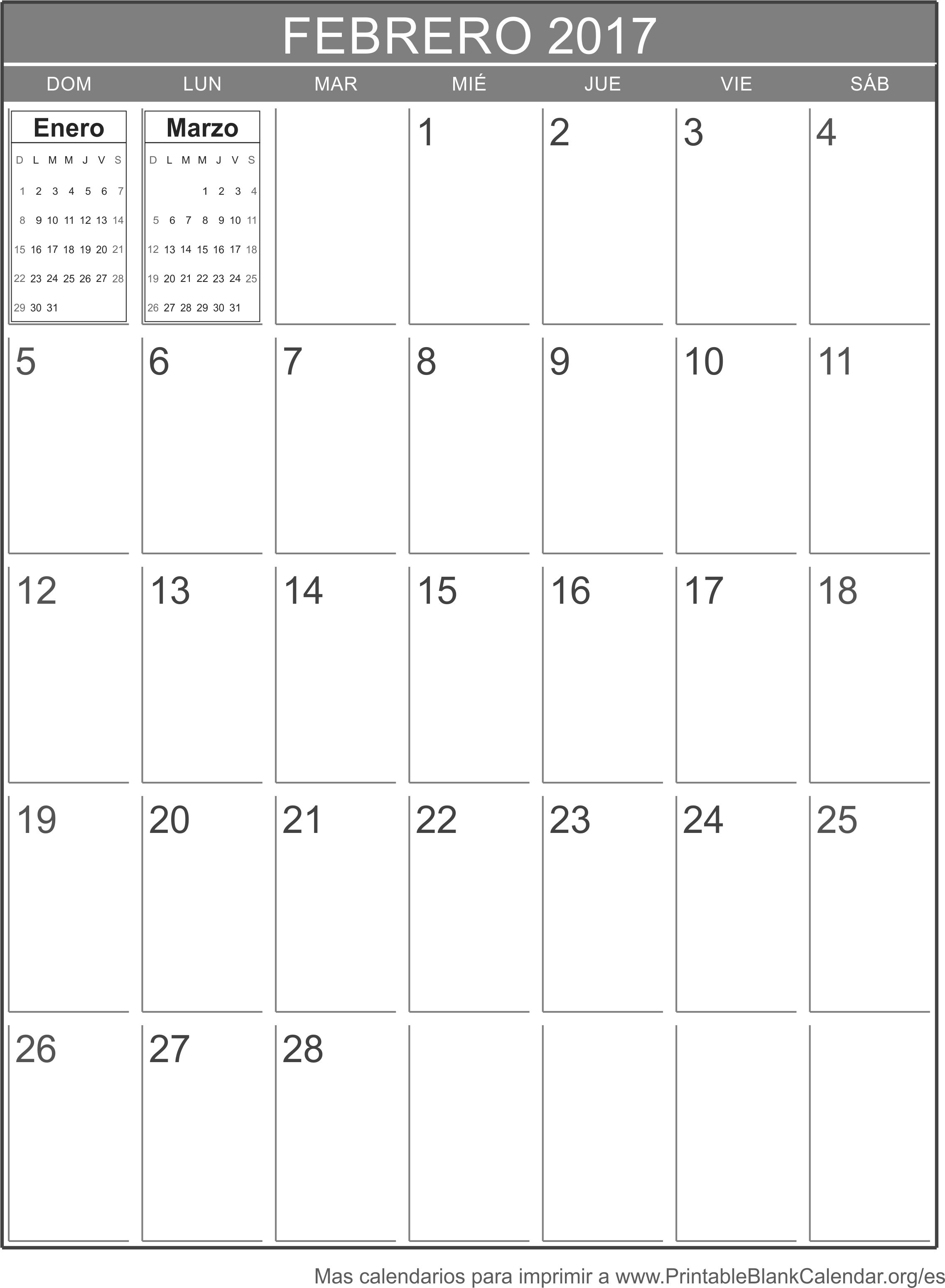 calendario feb 2017 para imprimir